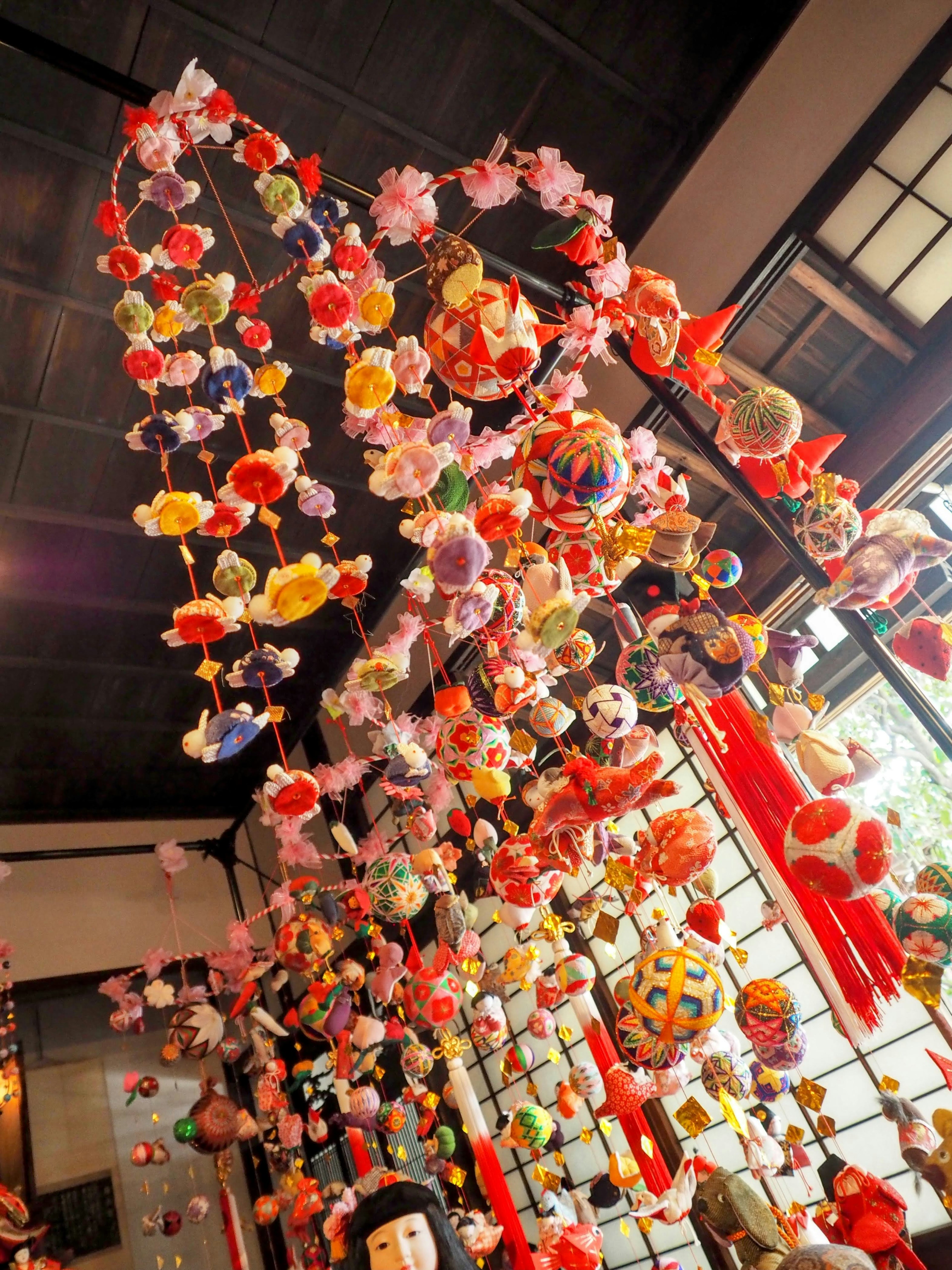 Colorful hanging decorations showcasing traditional Japanese craft