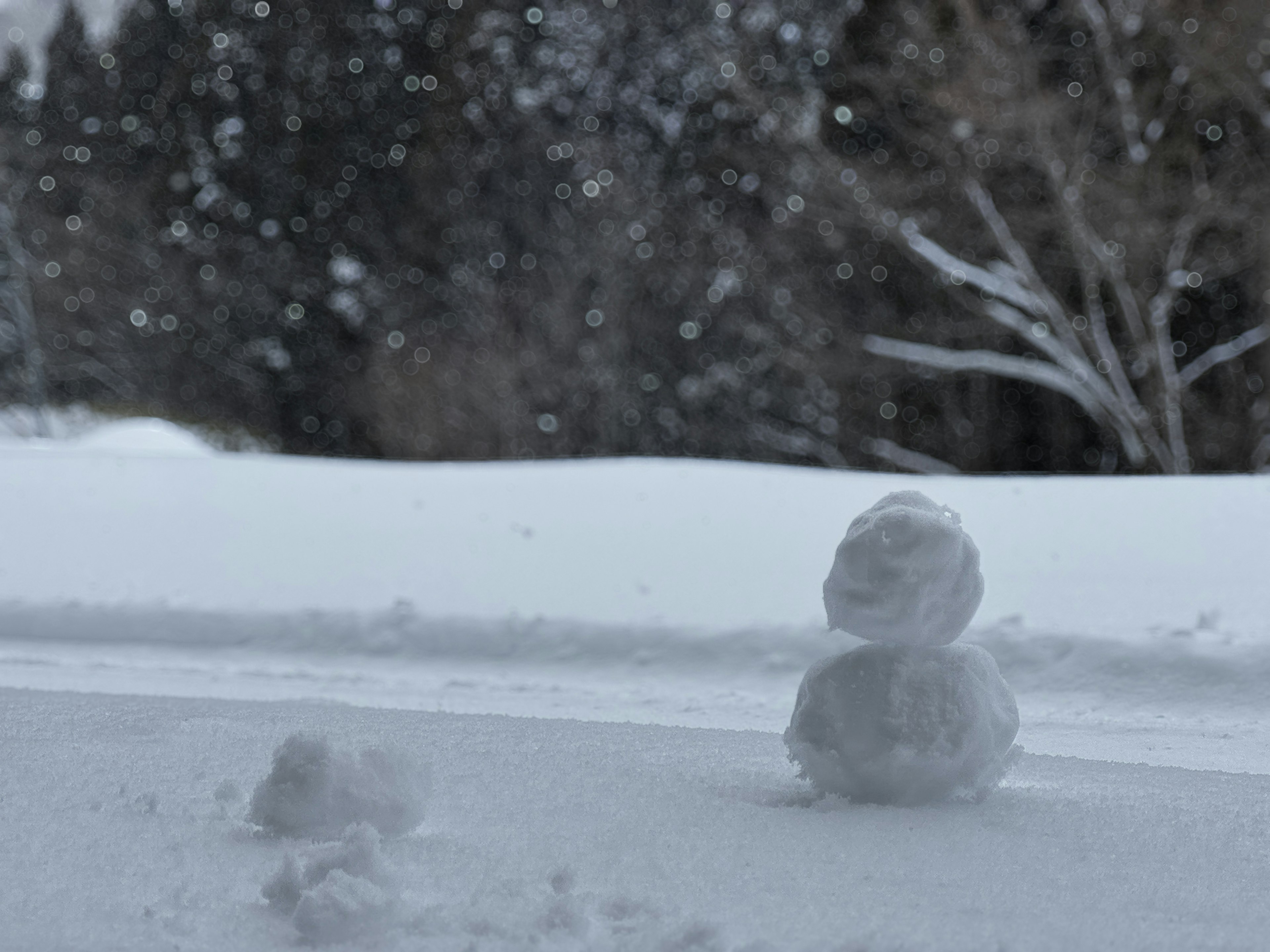 雪の中に小さな雪だるまがあり周囲に雪が降っている