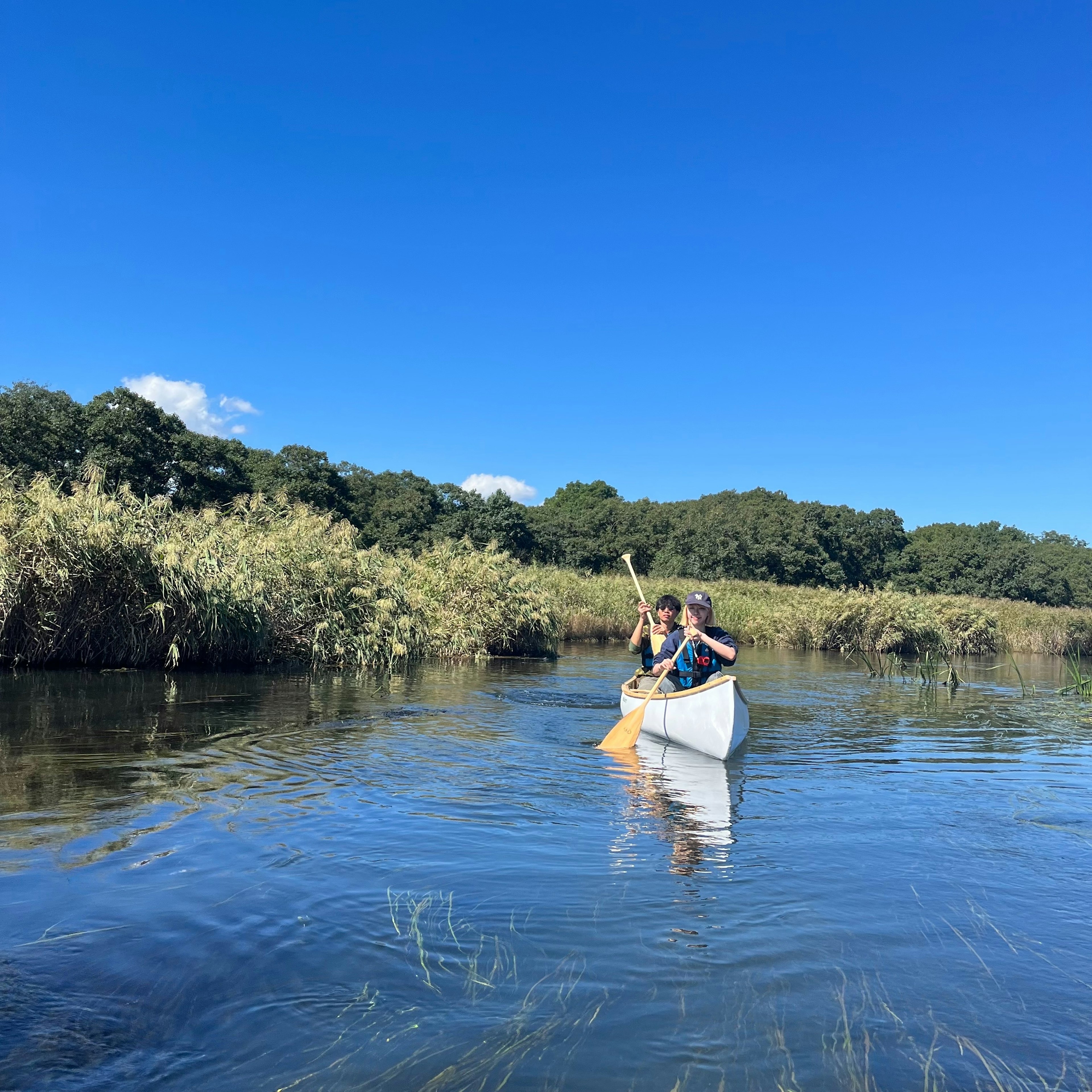 Deux personnes pagayant dans un canoë sous un ciel bleu