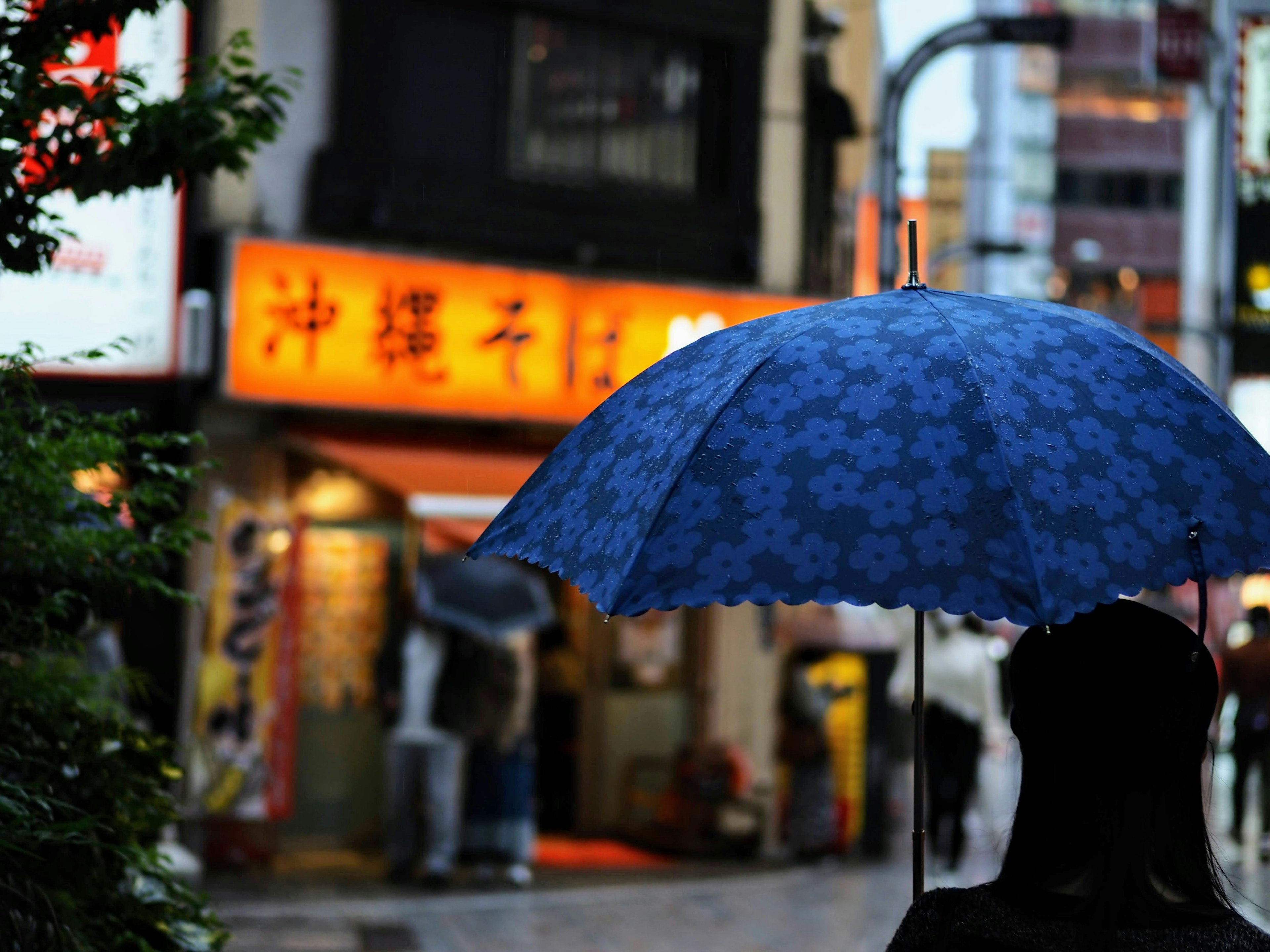 Silhouette einer Person, die einen blauen Regenschirm im Regen hält, mit heller Beschilderung im Hintergrund