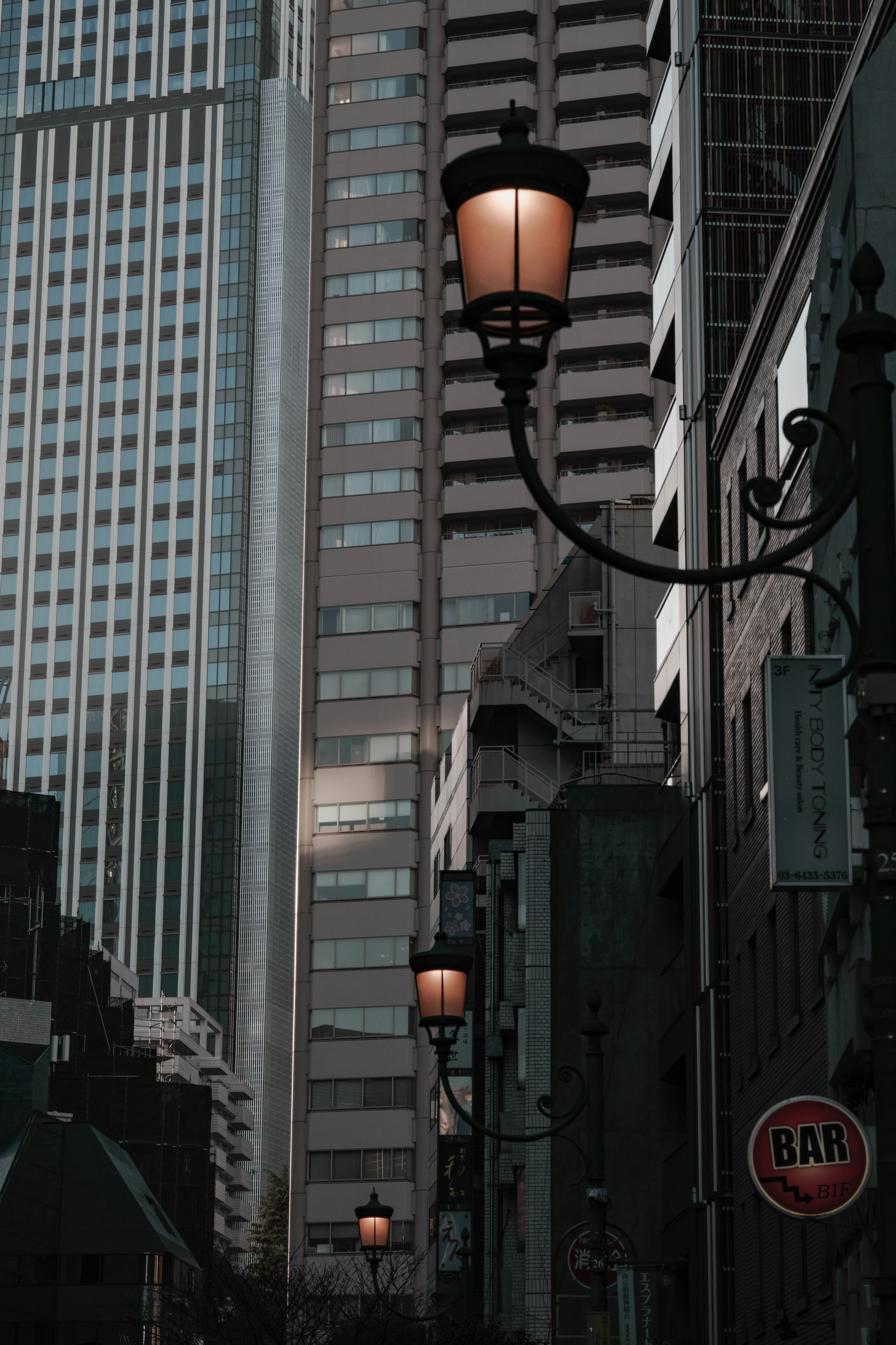 高層ビルと街灯が並ぶ都会の風景