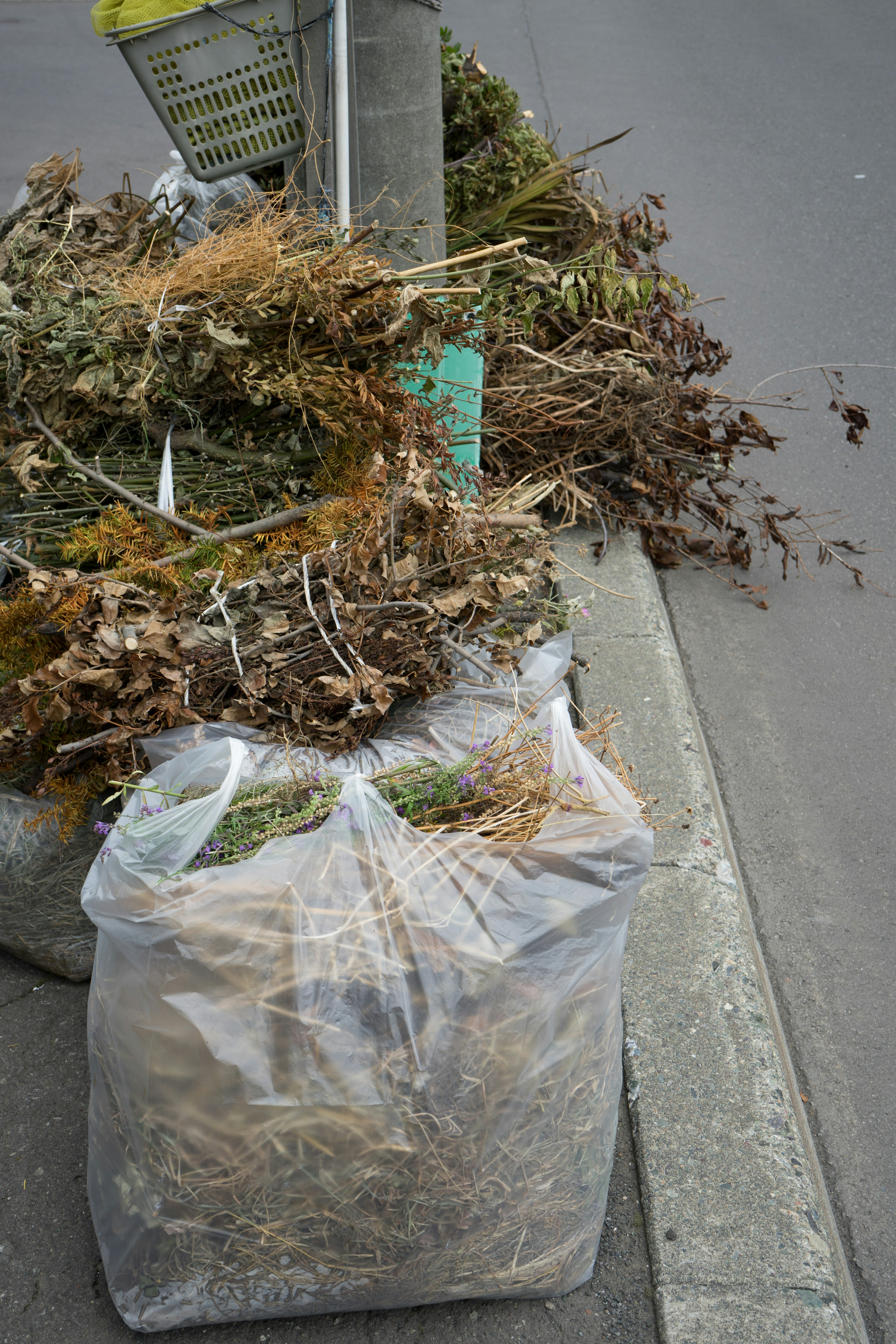 Sac en plastique rempli de matières végétales sèches placé sur le bord de la route