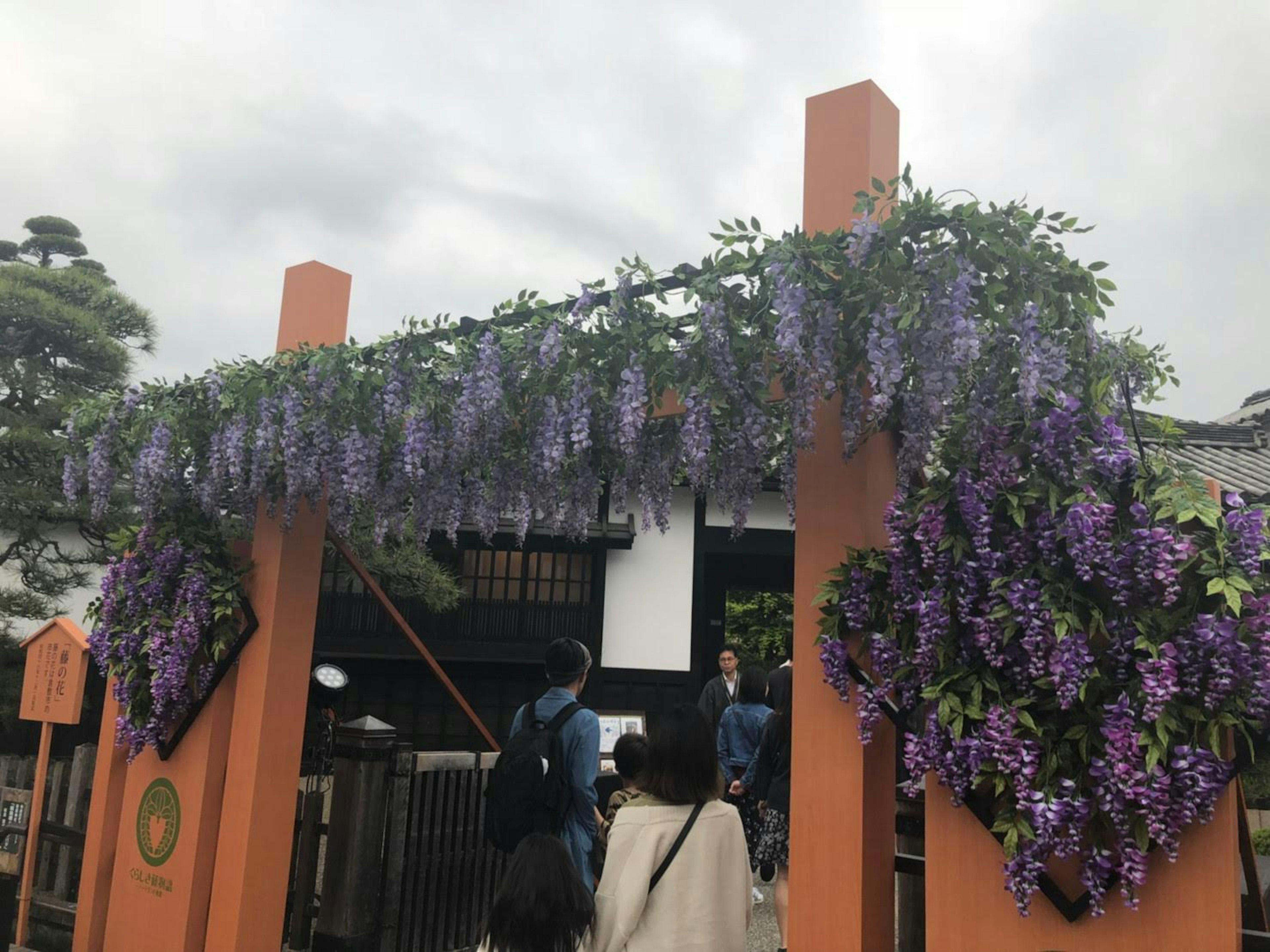 Arco de glicinia adornado con flores moradas y personas reunidas