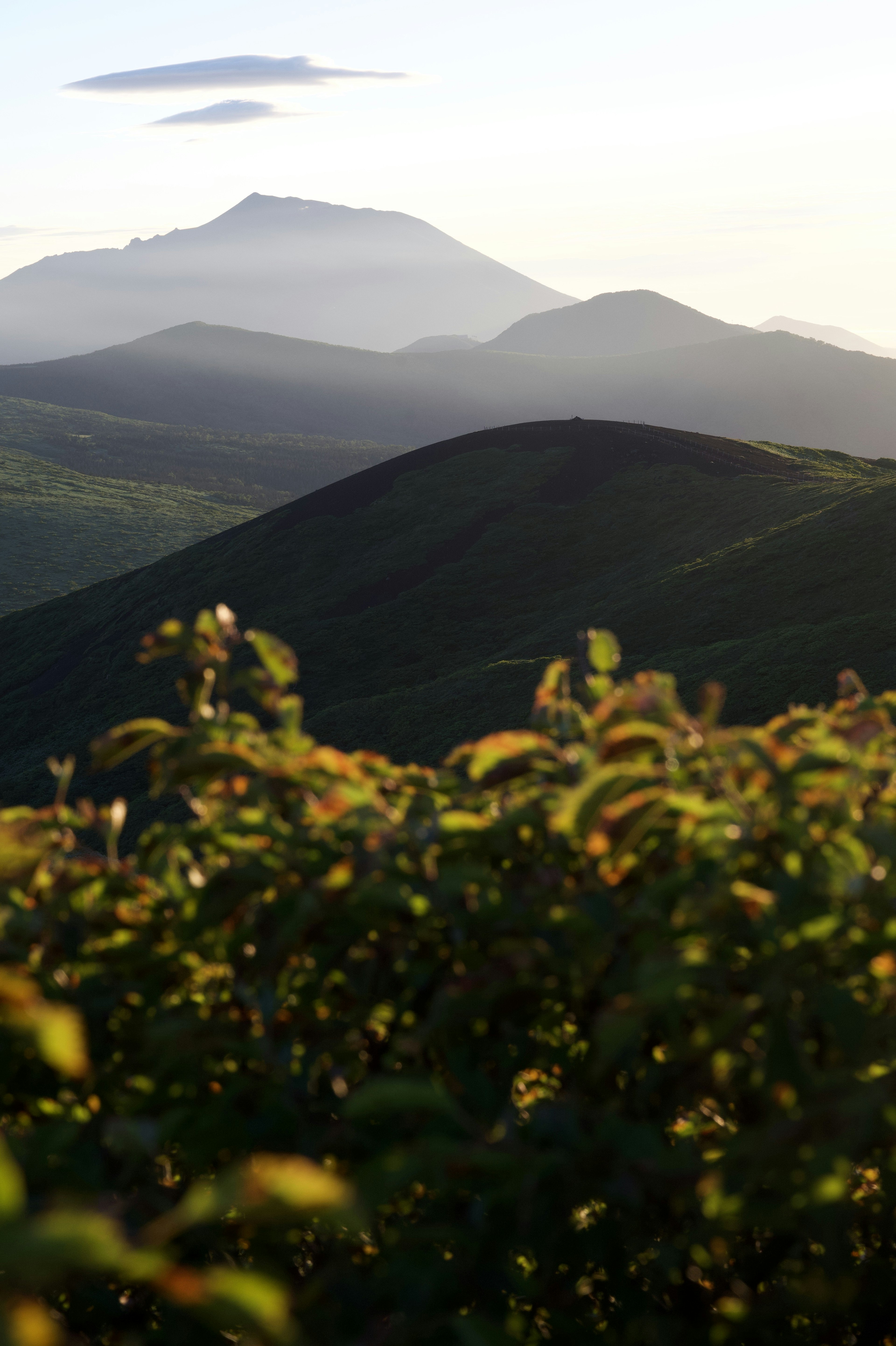 Scenic view of rolling mountains under a soft sky