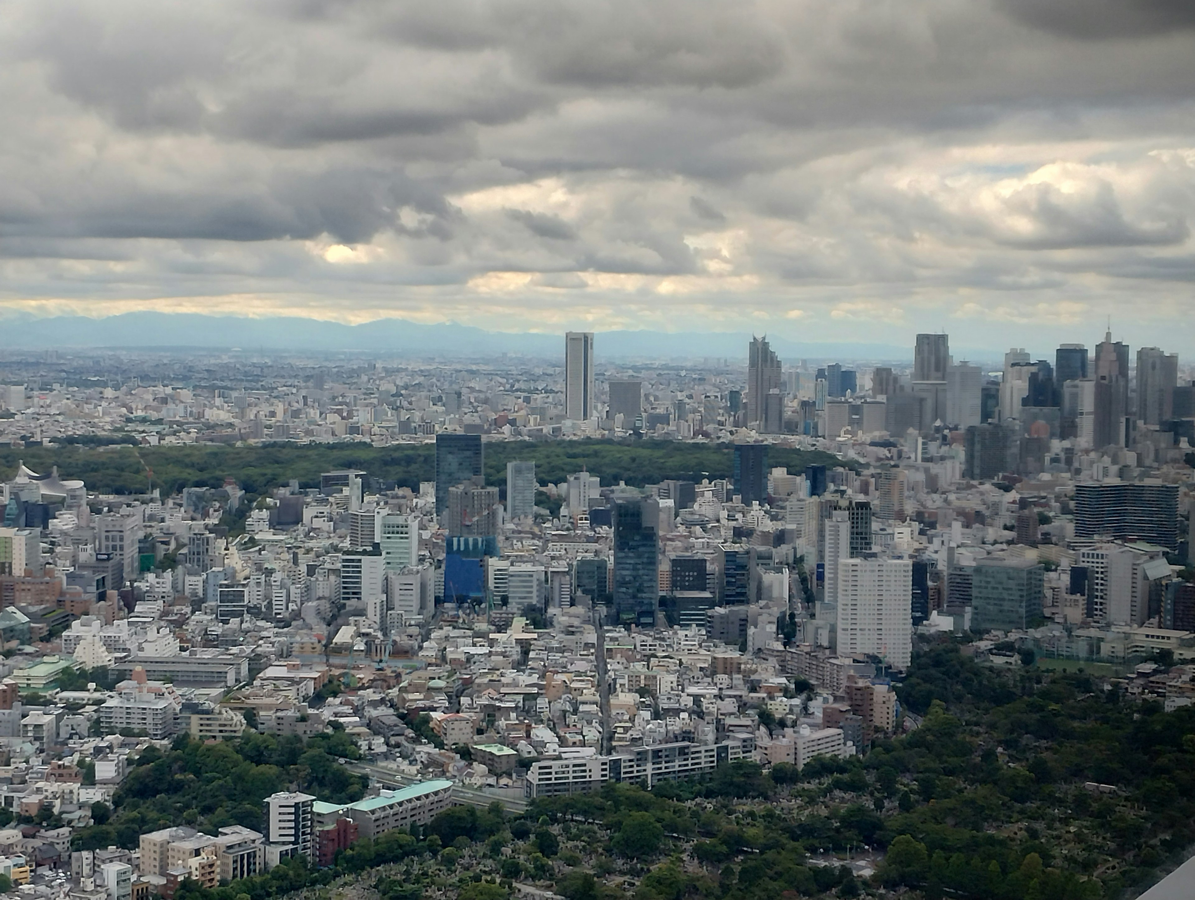 東京天際線的鳥瞰圖，城市建築和多雲的天空