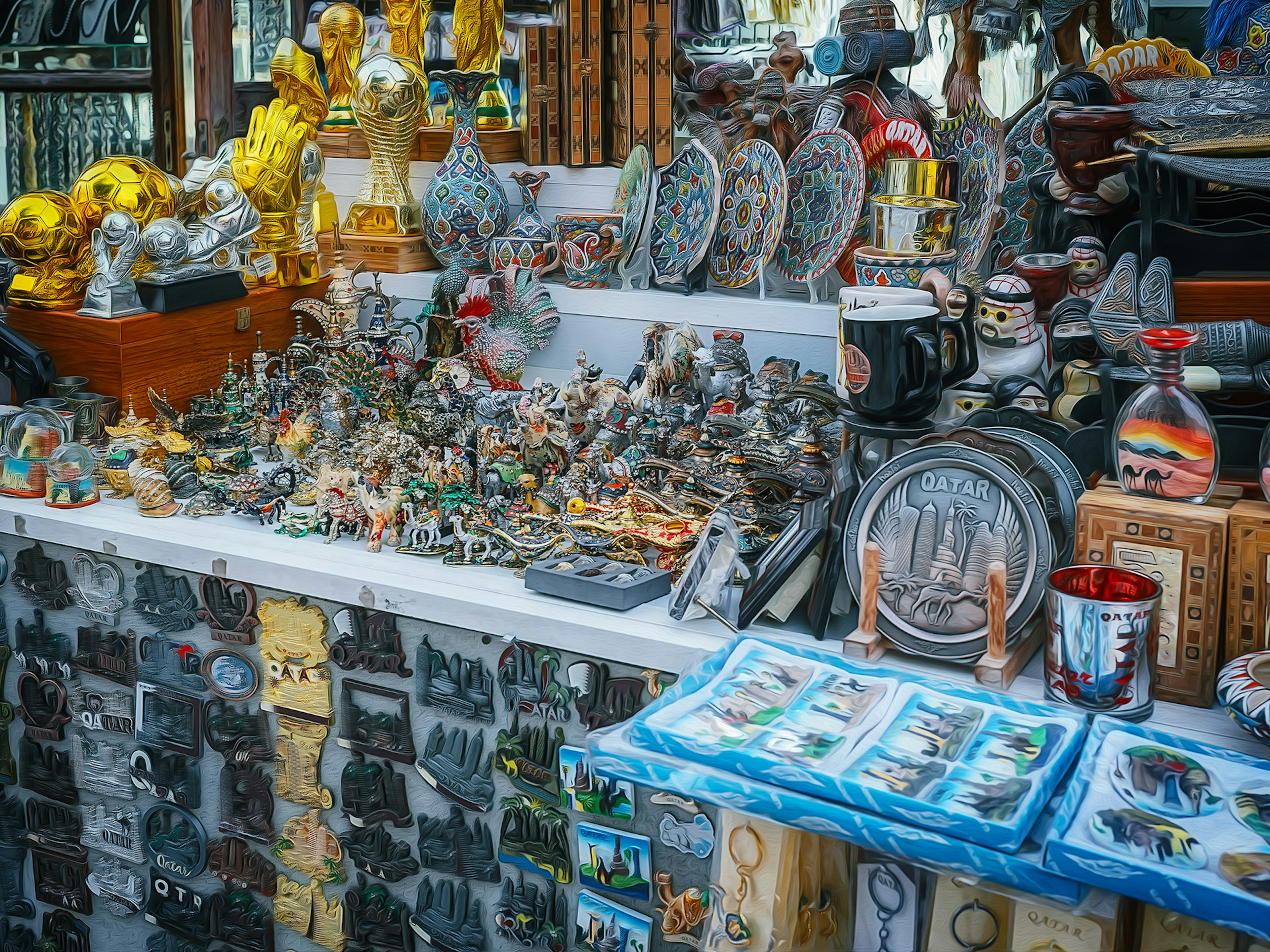 A vibrant market scene filled with various souvenirs including small figurines and numerous photographs