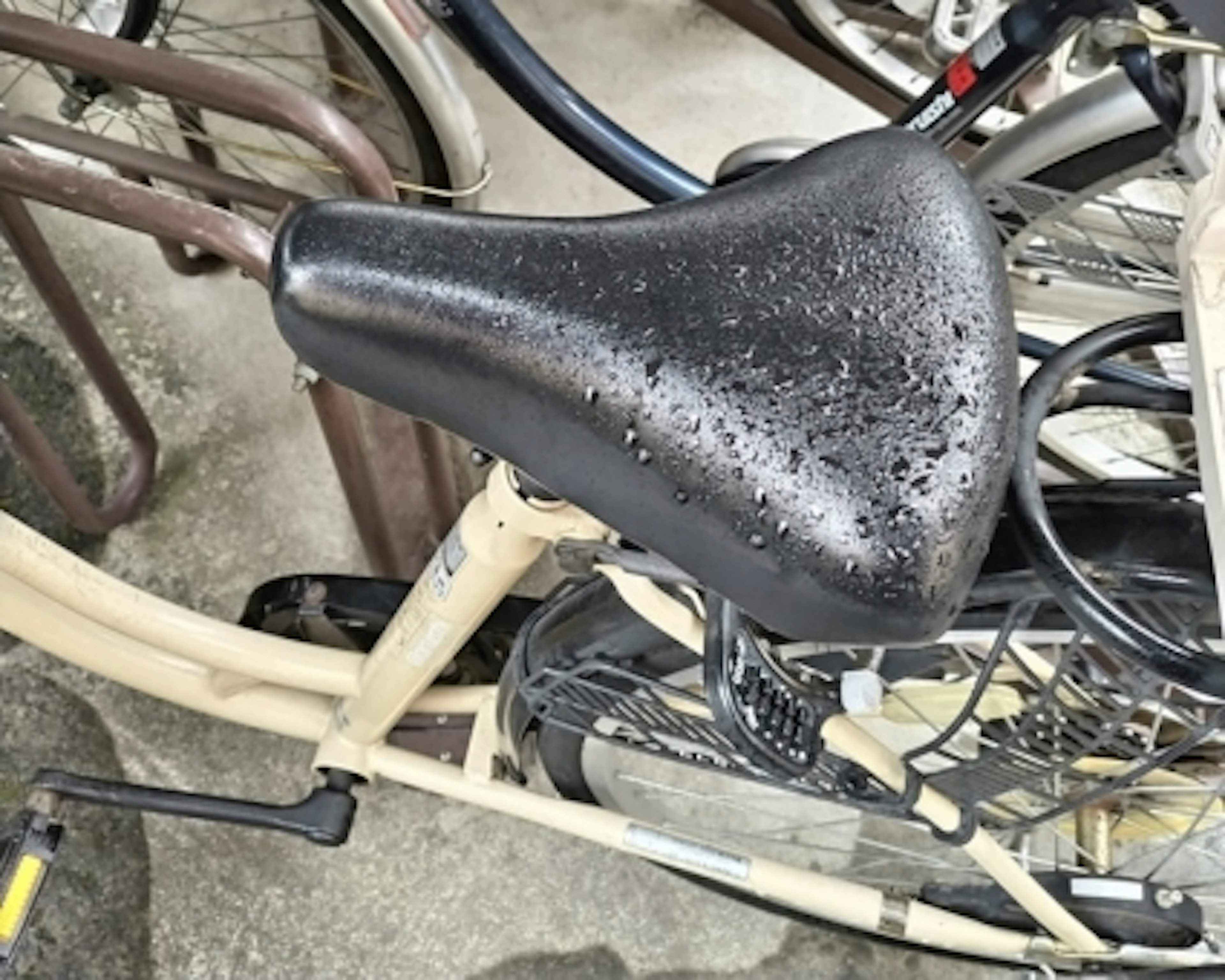 Close-up of a wet bicycle seat with a simple design