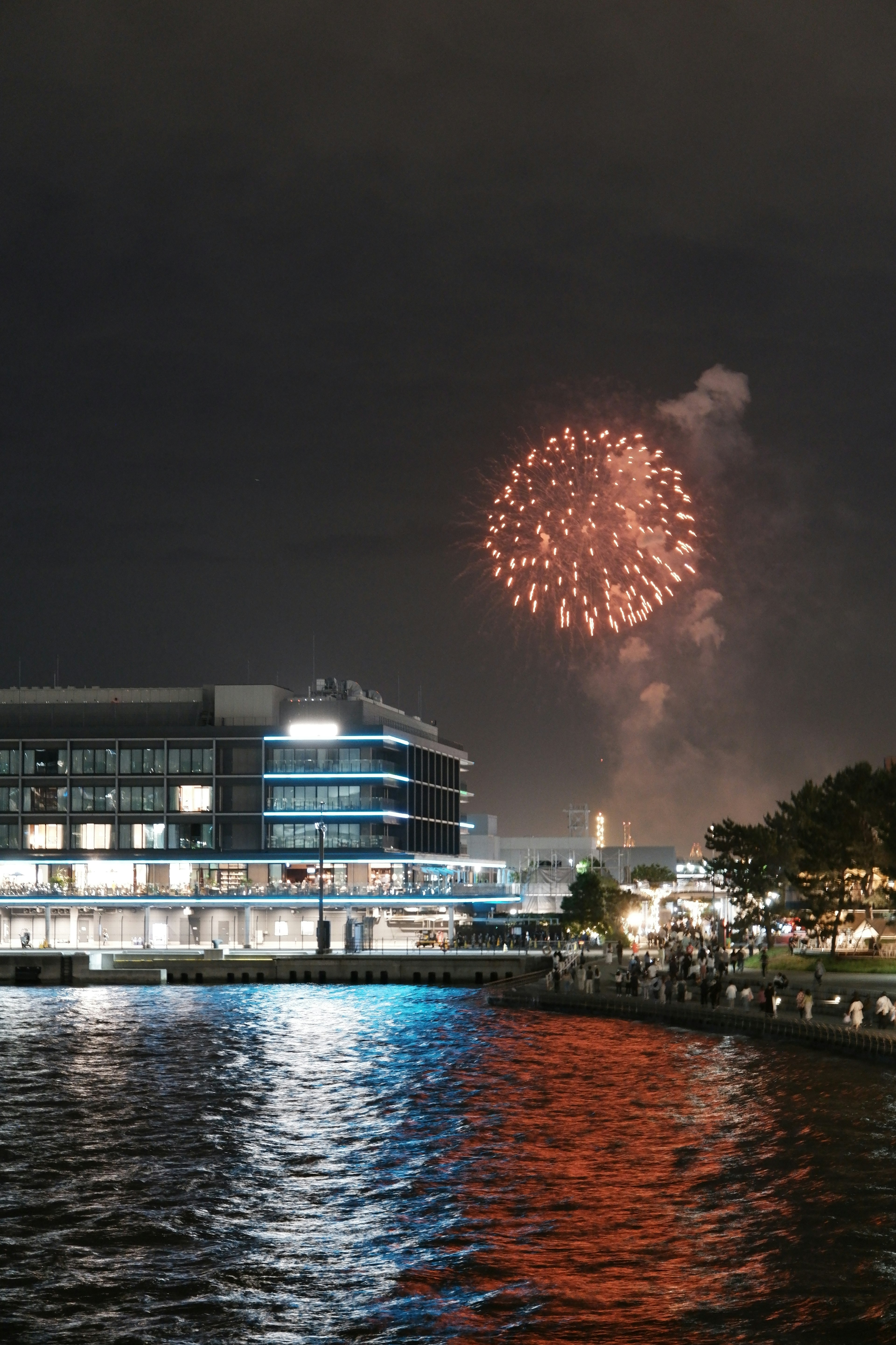 Feuerwerk erhellt den Nachthimmel mit Reflexionen auf dem Fluss