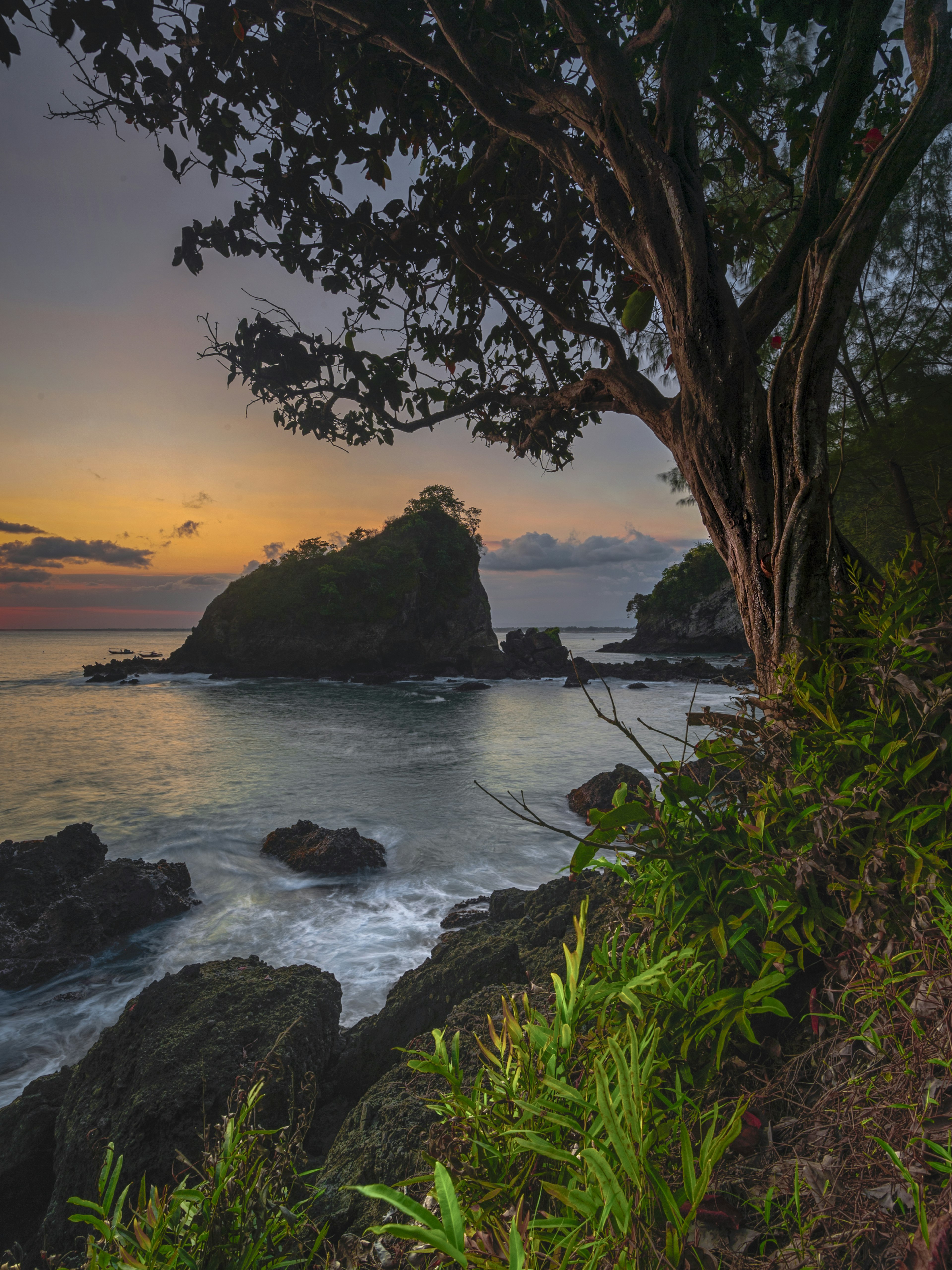 Pemandangan pantai saat matahari terbenam dengan siluet batu dan pohon