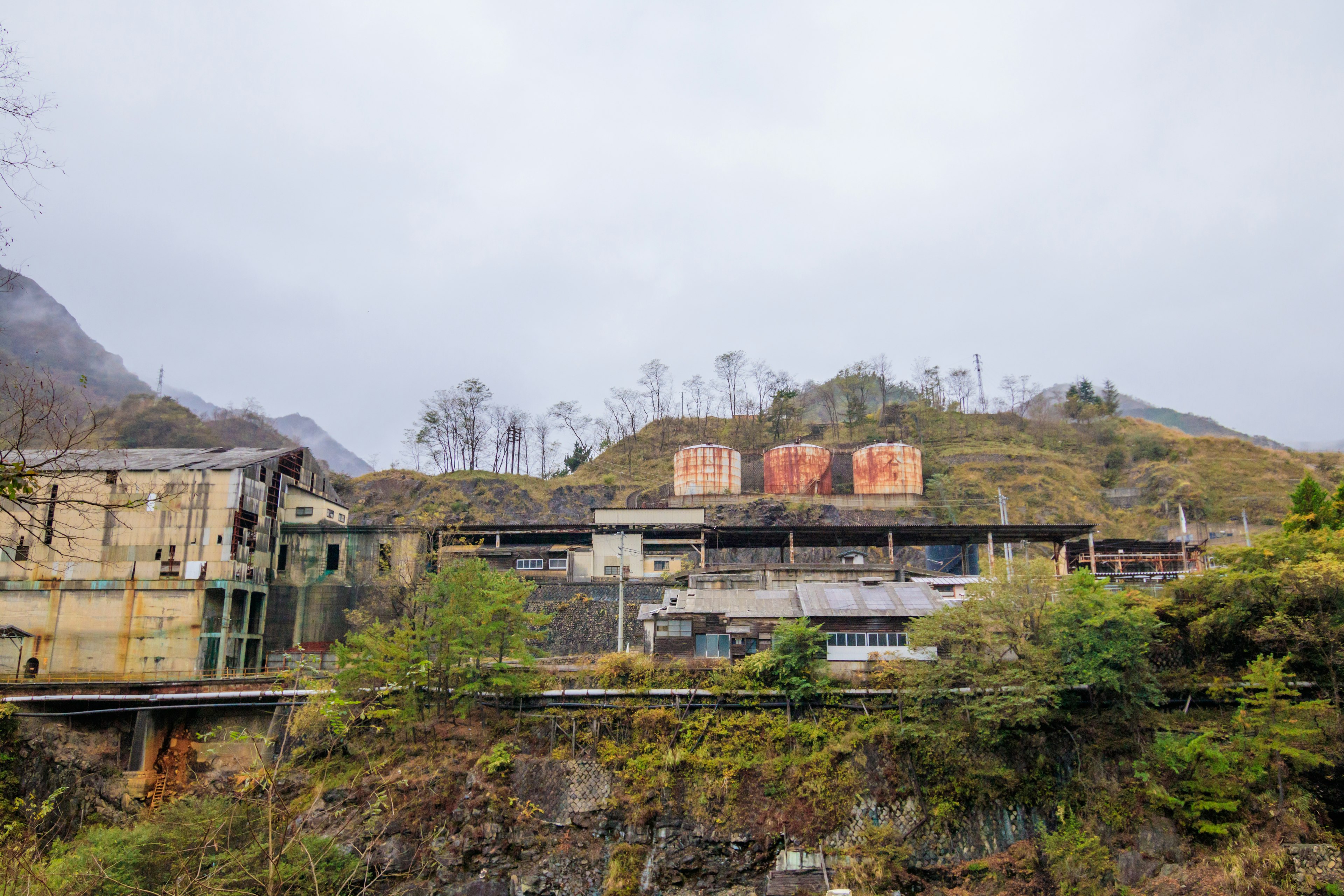 Abandoned factory on a hillside surrounded by trees