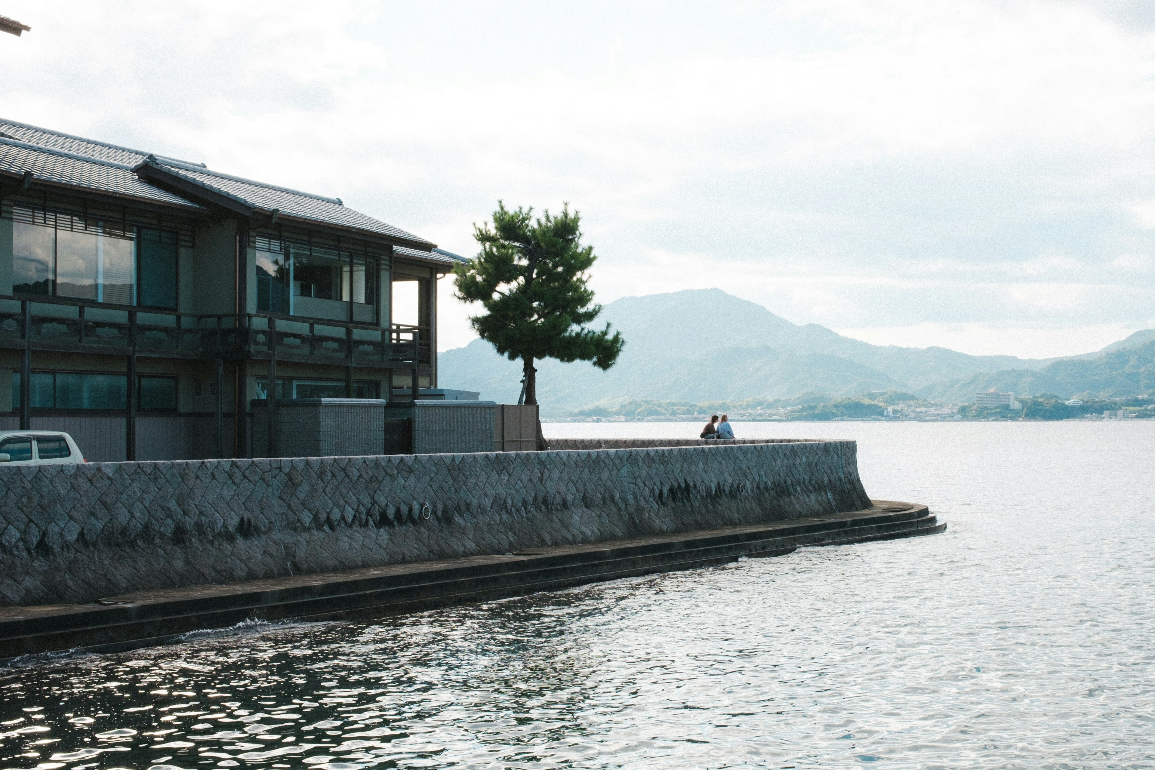 A serene lakeside view featuring a house and a pine tree with mountains in the background