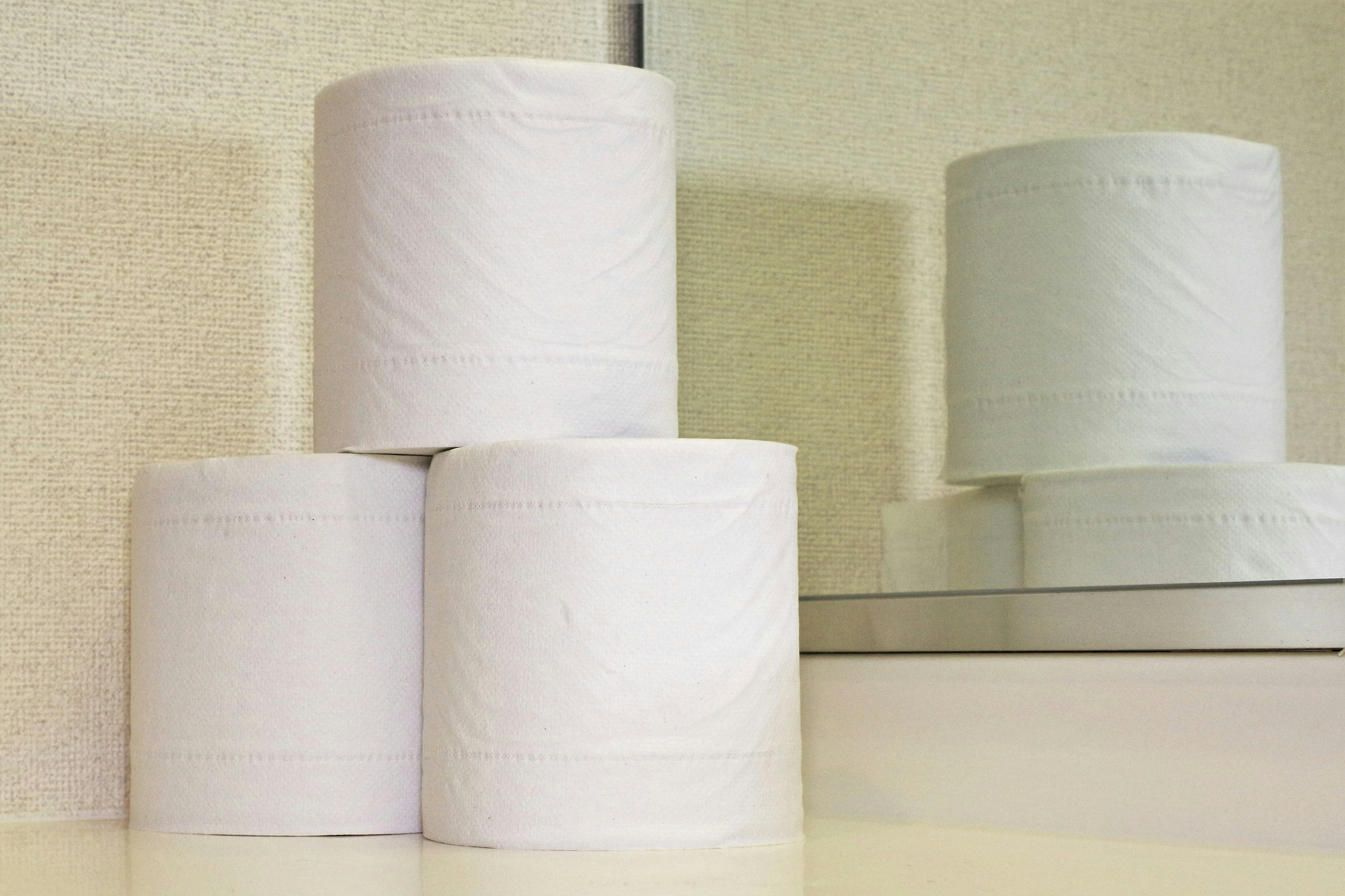 Three rolls of white toilet paper stacked on a shelf