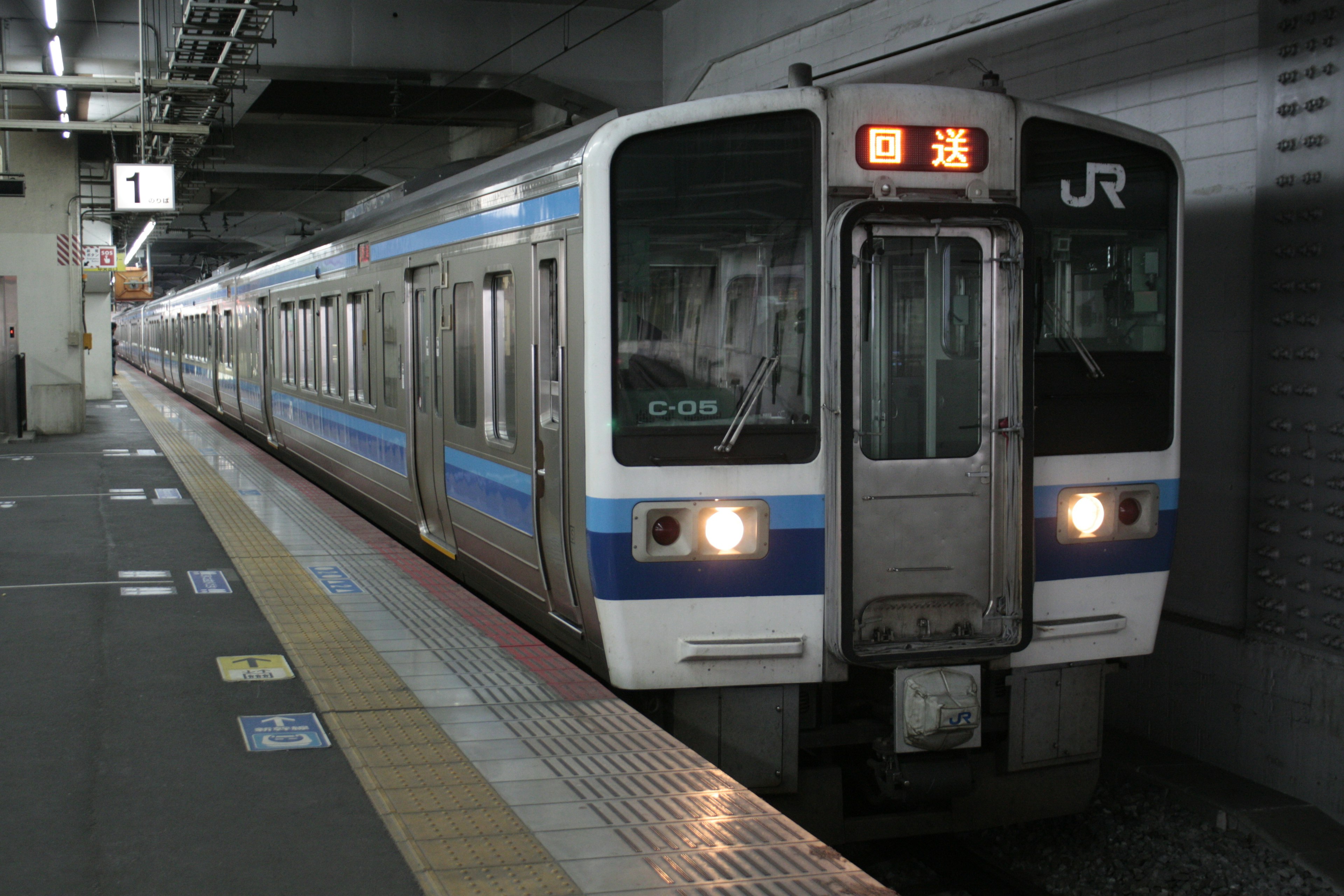 青いラインのJR電車が駅に停車している