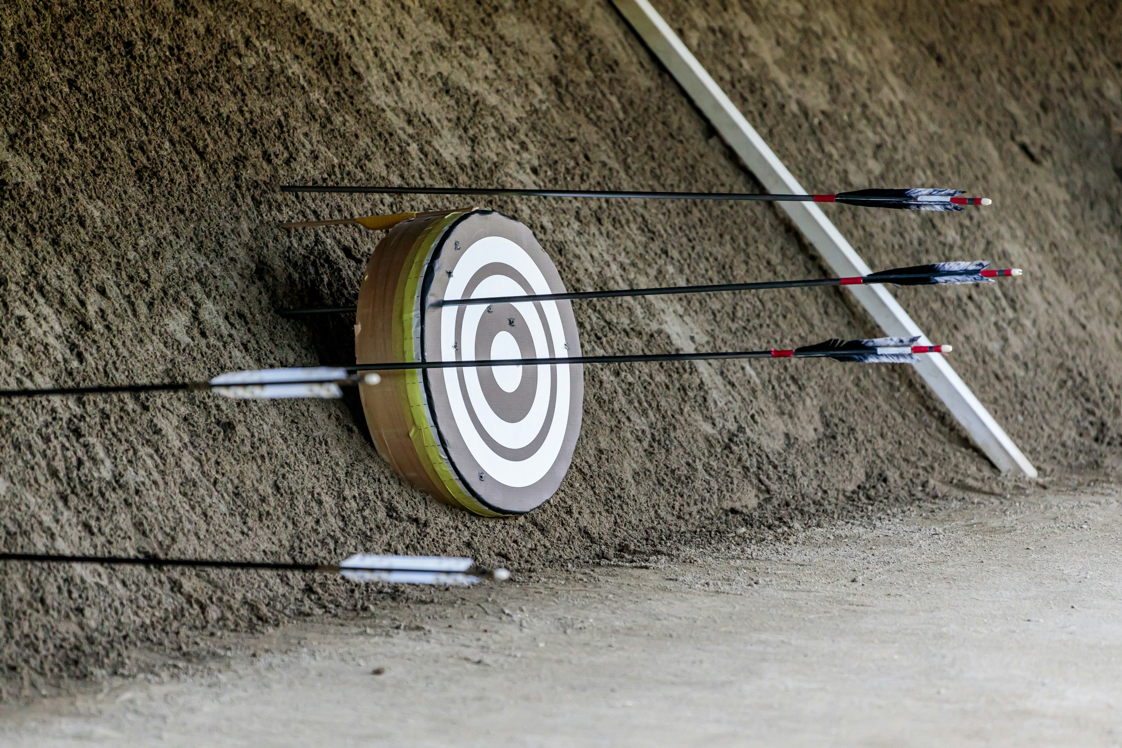 Image of arrows embedded in a target on a dirt background