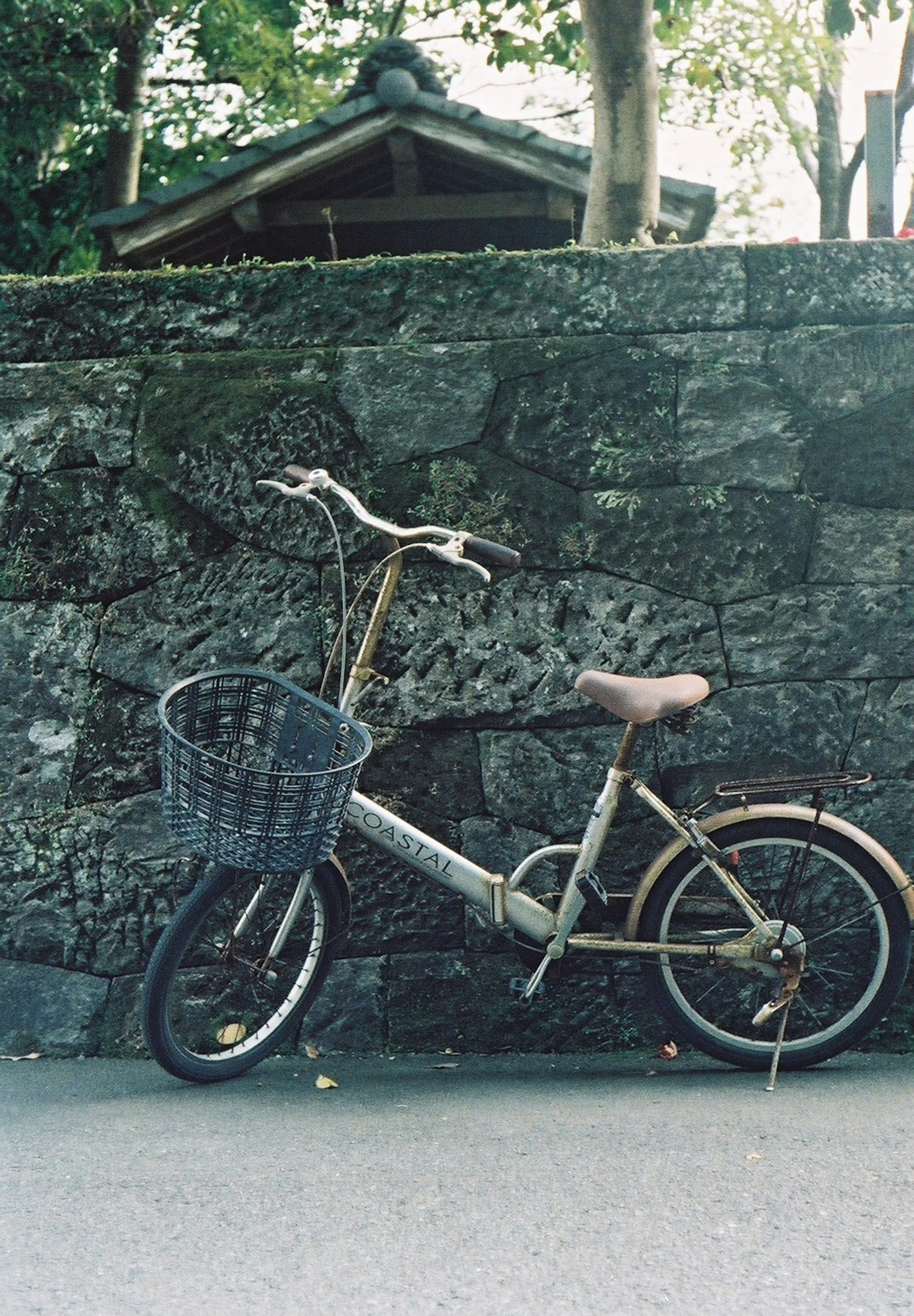 An old bicycle leaning against a stone wall