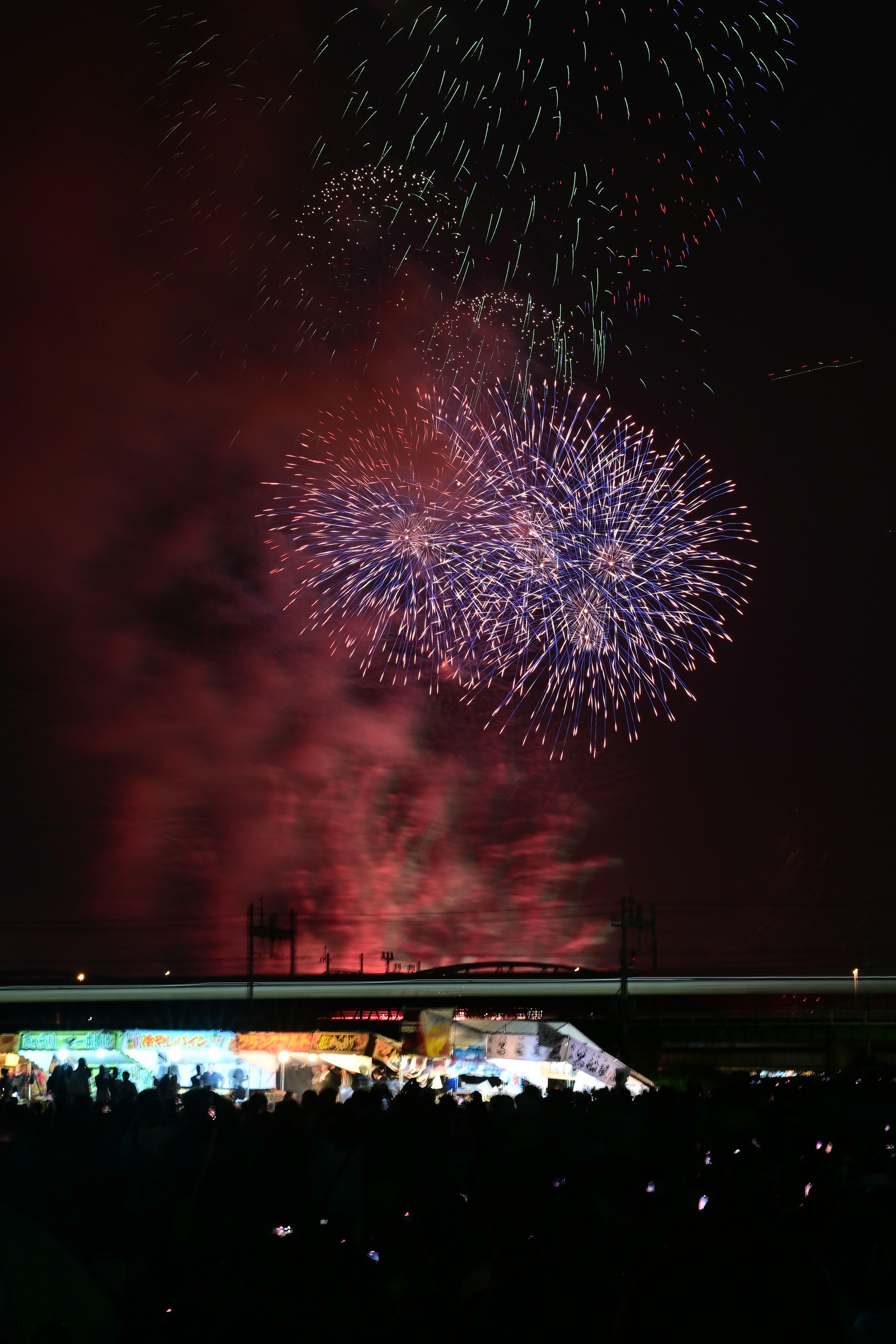 Espectáculo de fuegos artificiales coloridos en el cielo nocturno con una multitud disfrutando