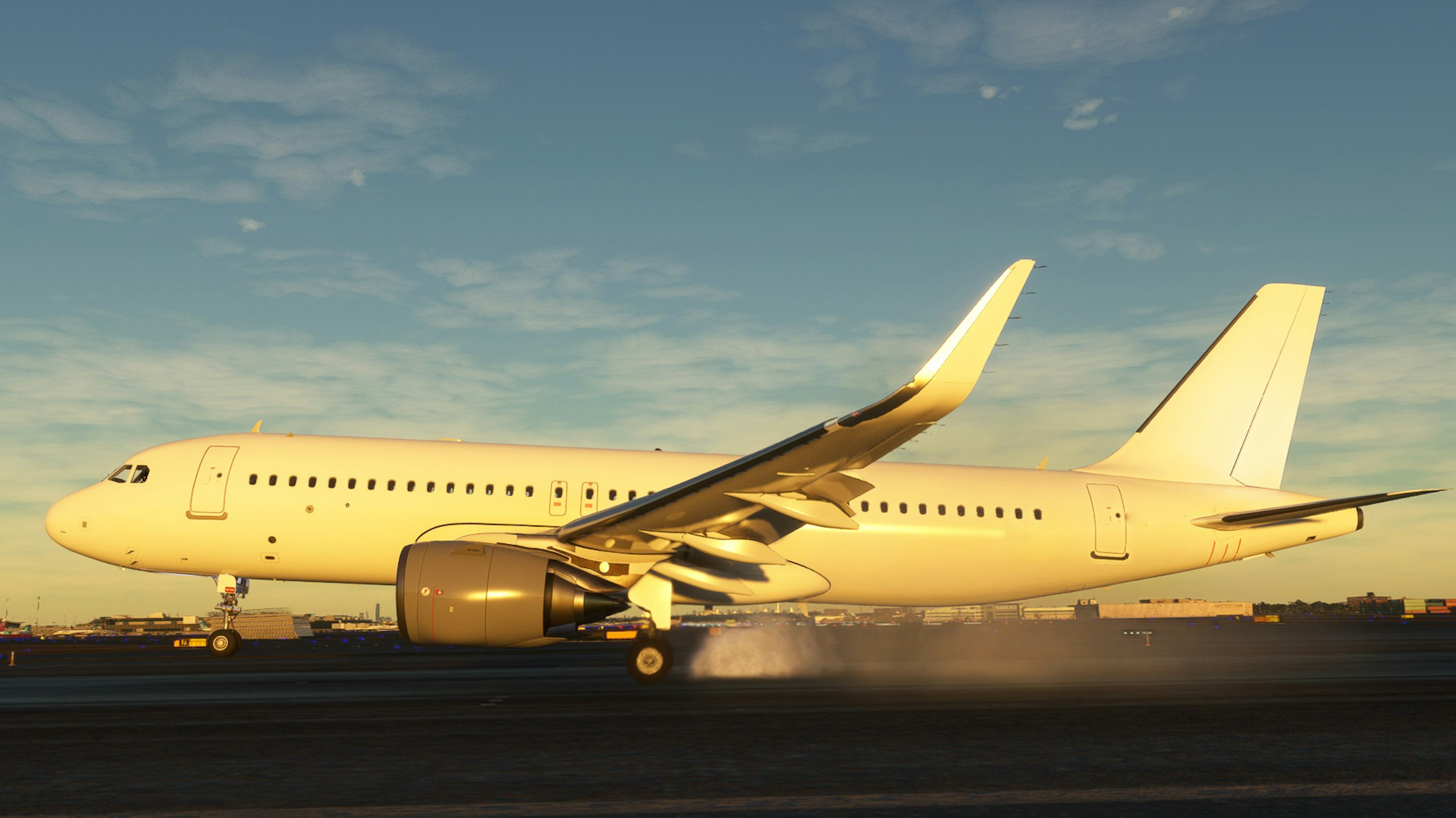 A white aircraft taking off on the runway with a blue sky and clouds in the background