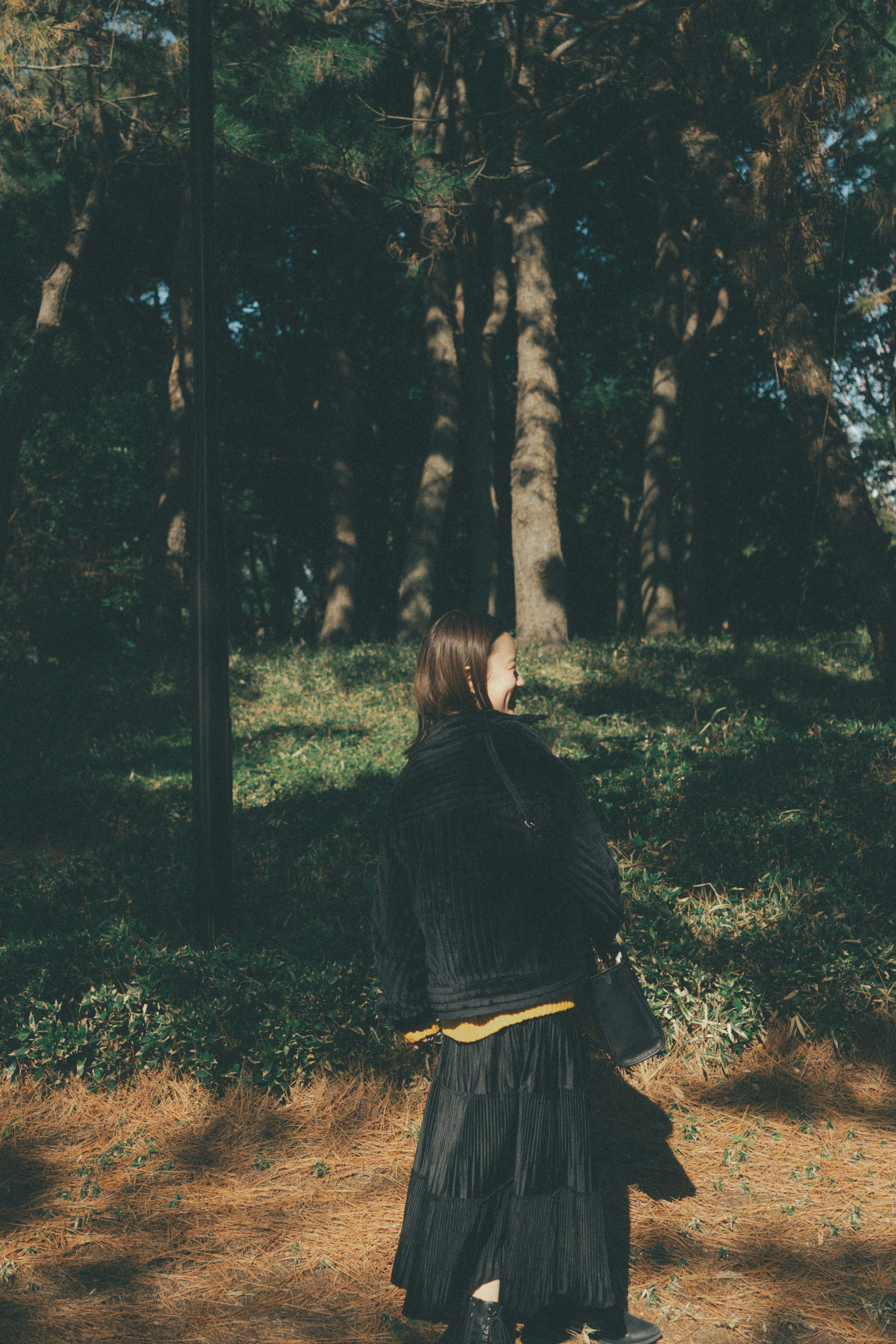 Foto di una donna in un abito nero che cammina in una foresta di spalle