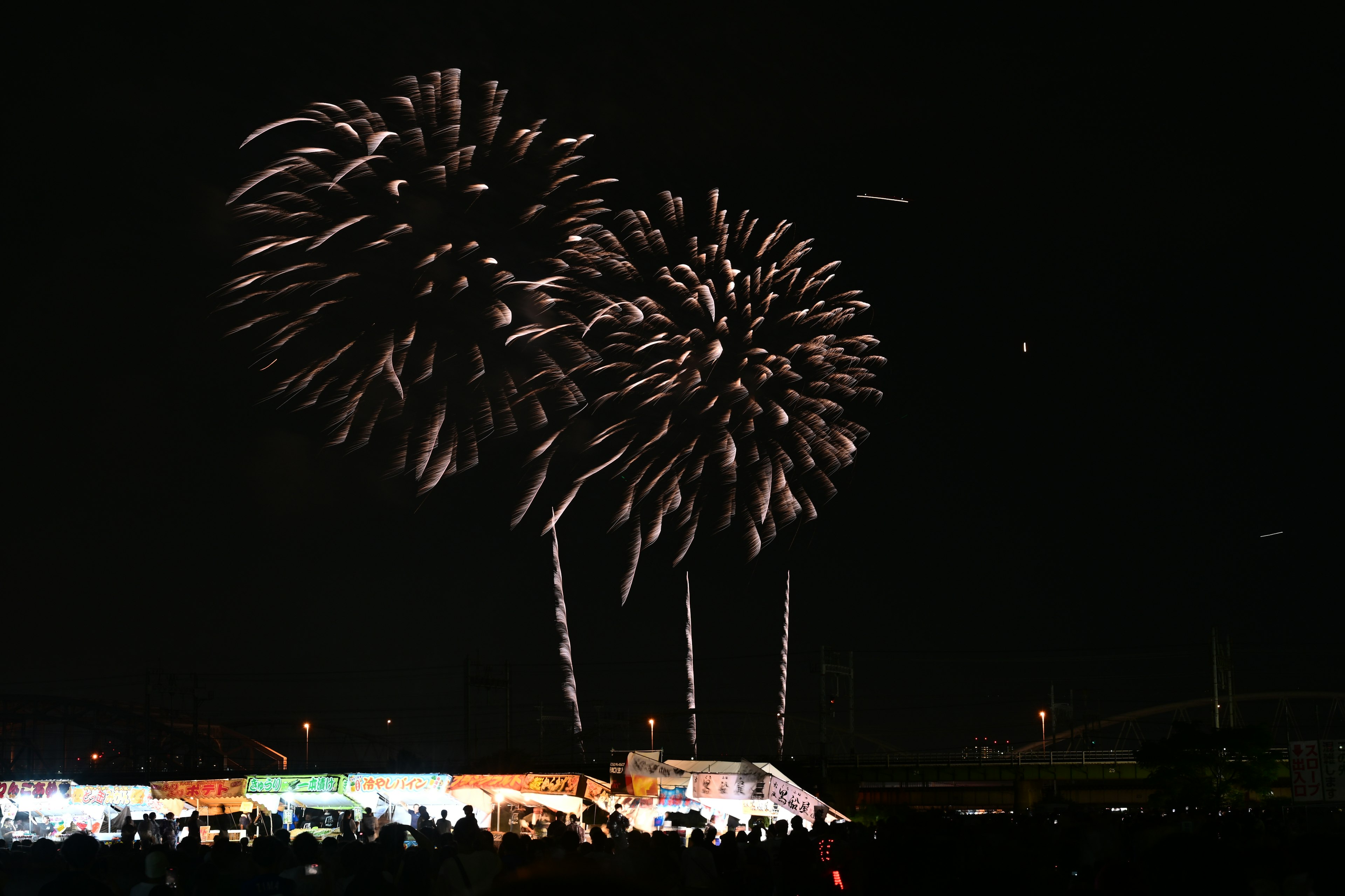 Fireworks bursting in the night sky with two large explosions