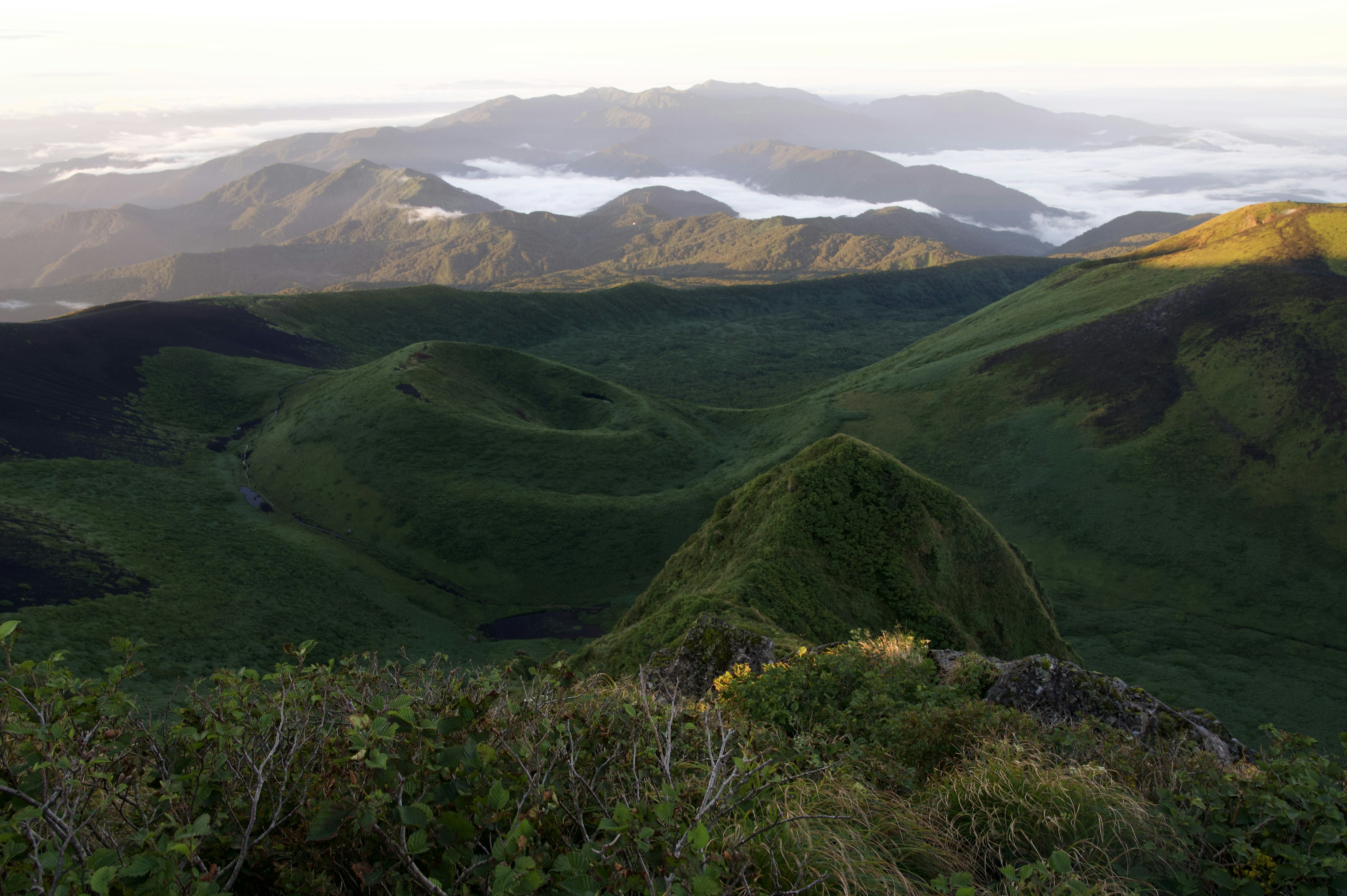 緑豊かな山々と霧の谷の景色が広がる