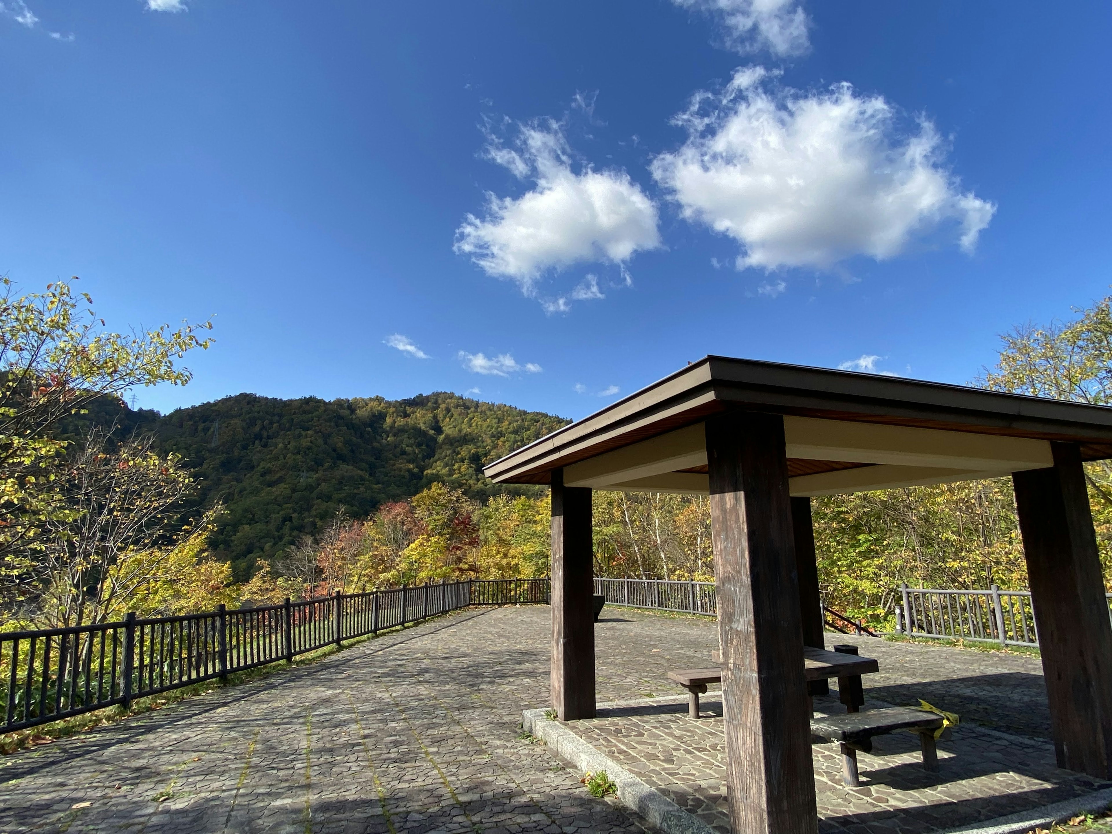 Mirador escénico con un pabellón de madera bajo un cielo azul