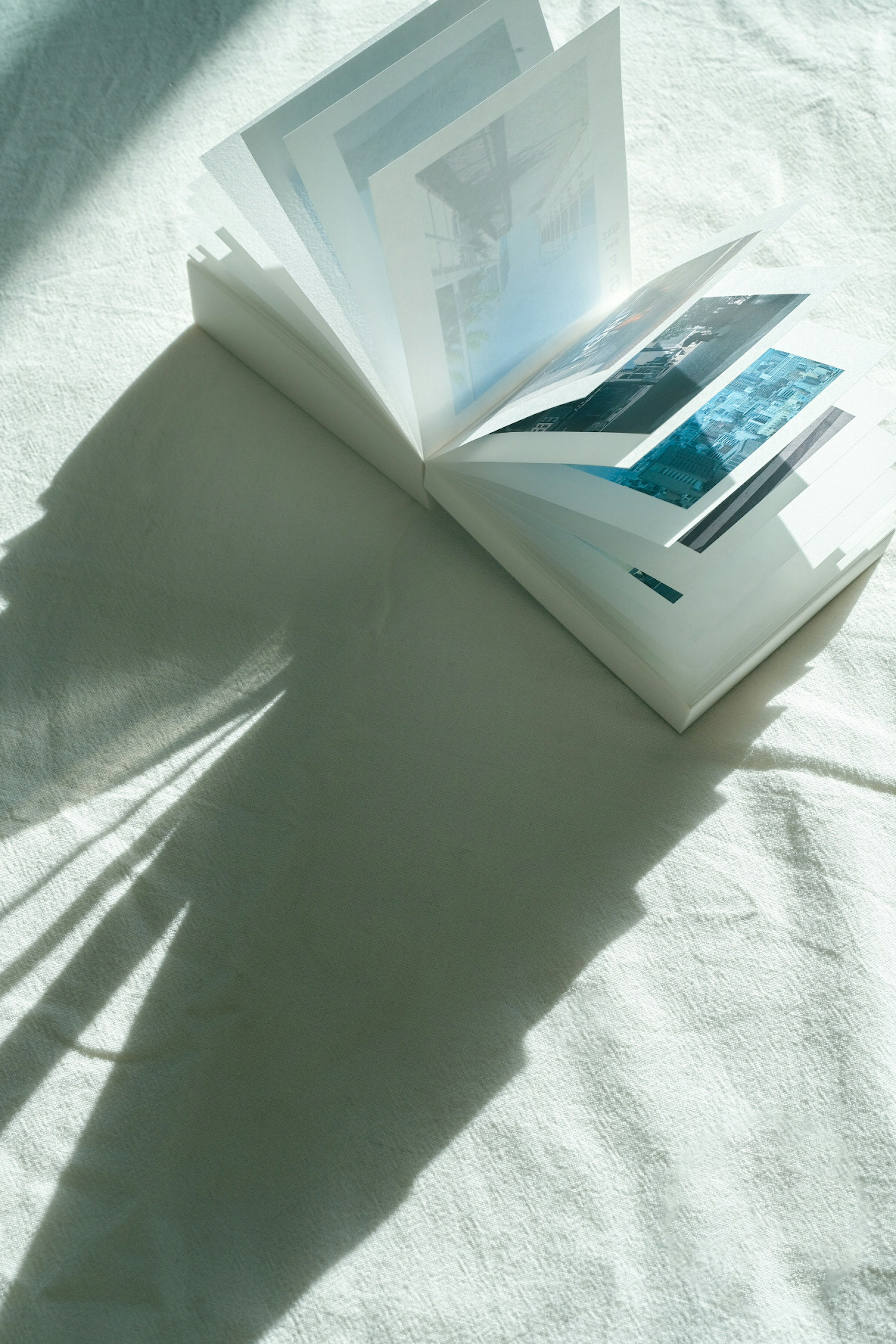 An open book with pages and shadows cast on a white table