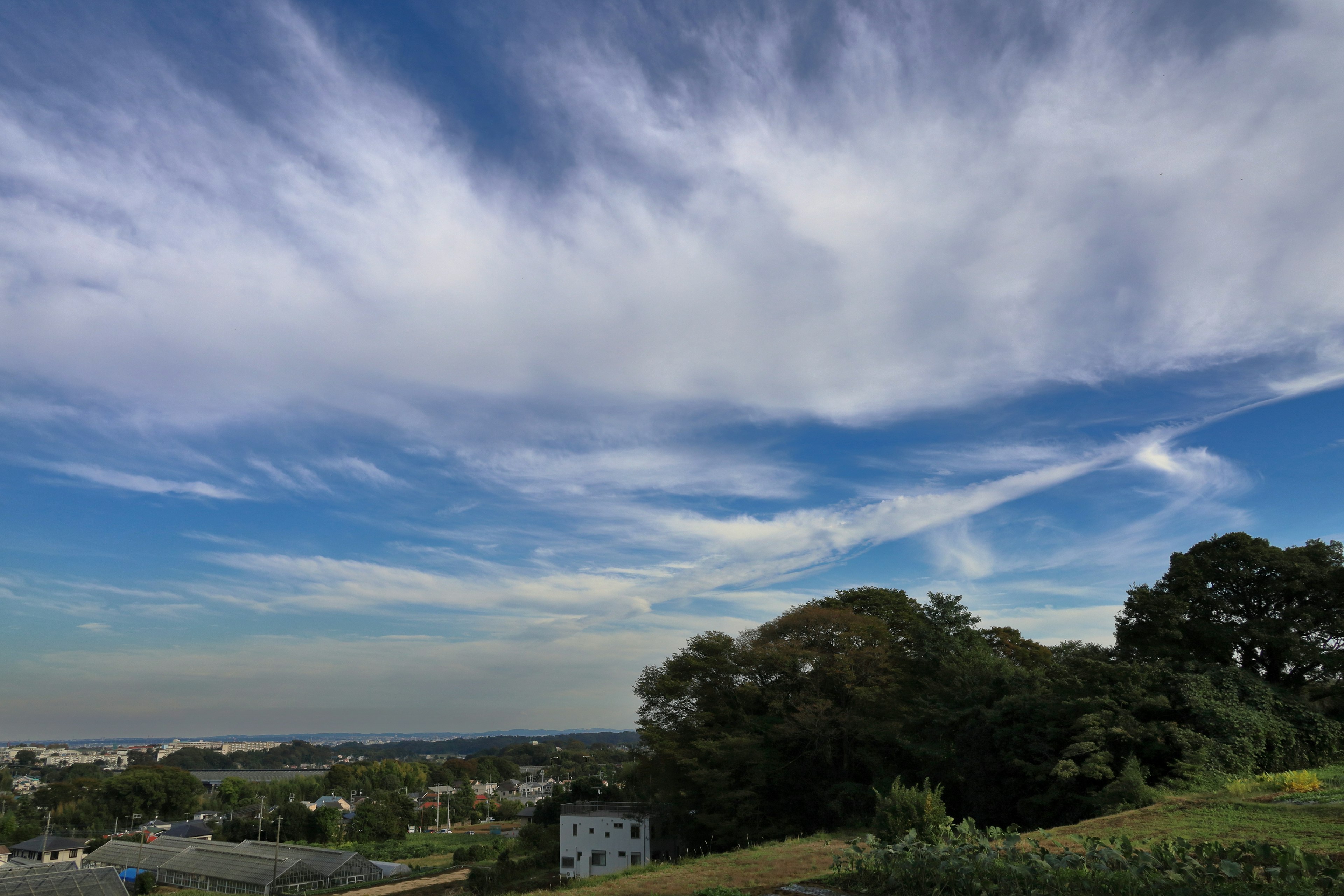 Panoramablick auf einen blauen Himmel mit Wolken grünen Bäumen und Hügeln