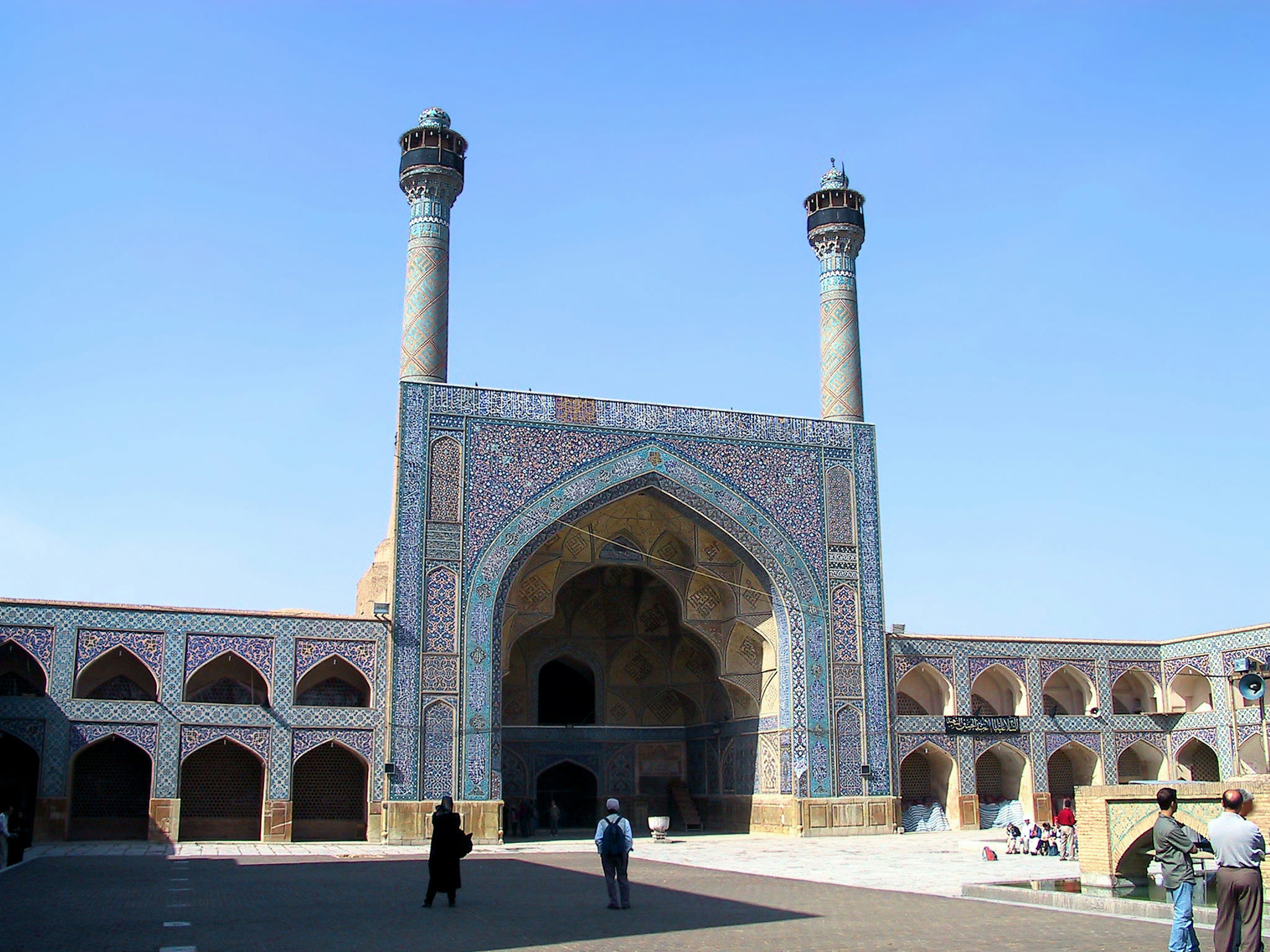 Exterior view of a beautiful mosque in Isfahan, Iran with tall minarets