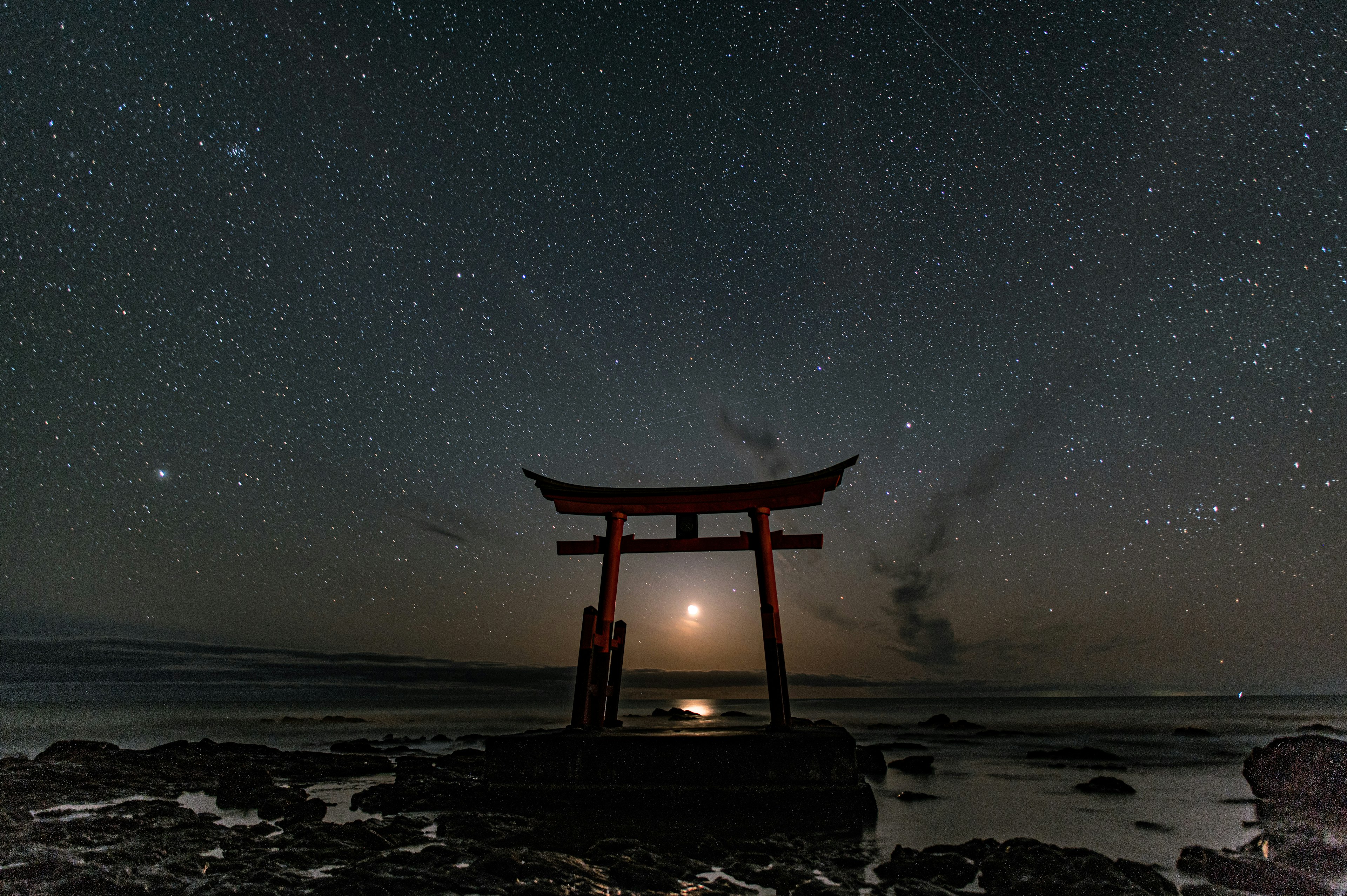 Red torii gate by the sea under a starry night sky