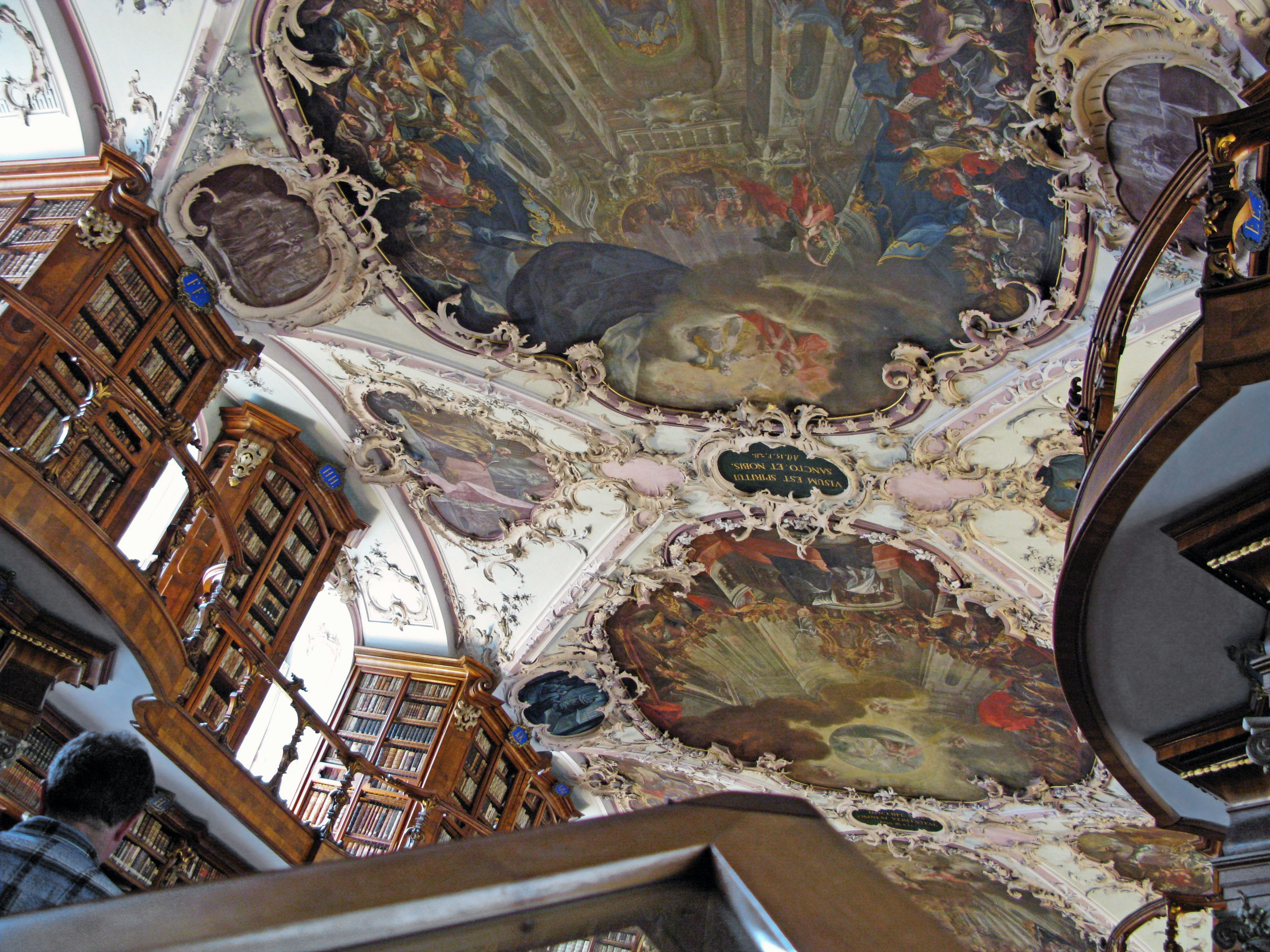 Interior de una biblioteca con hermosas pinturas en el techo estanterías de madera tradicionales