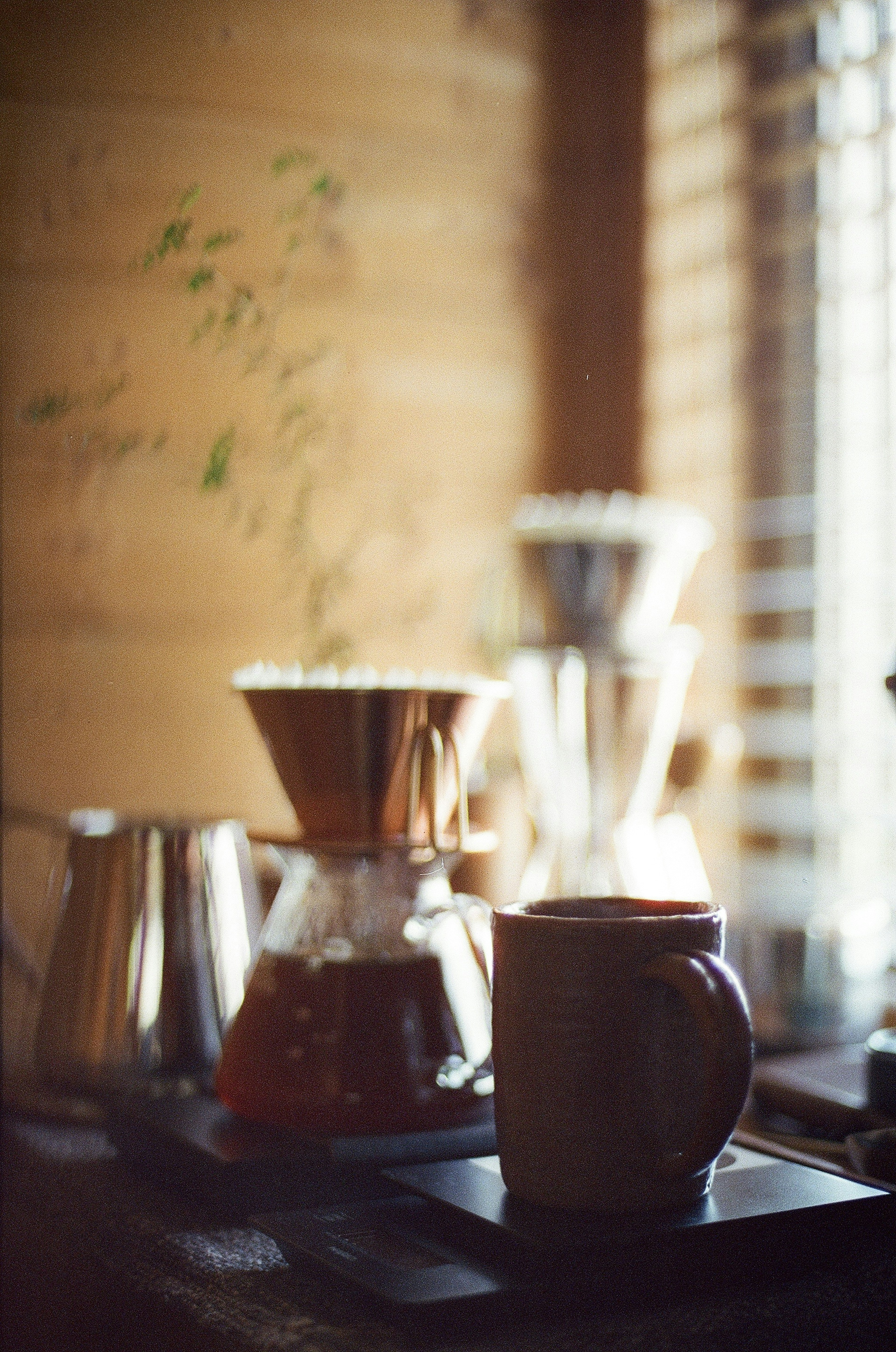 Warm kitchen scene featuring coffee brewing equipment and a mug