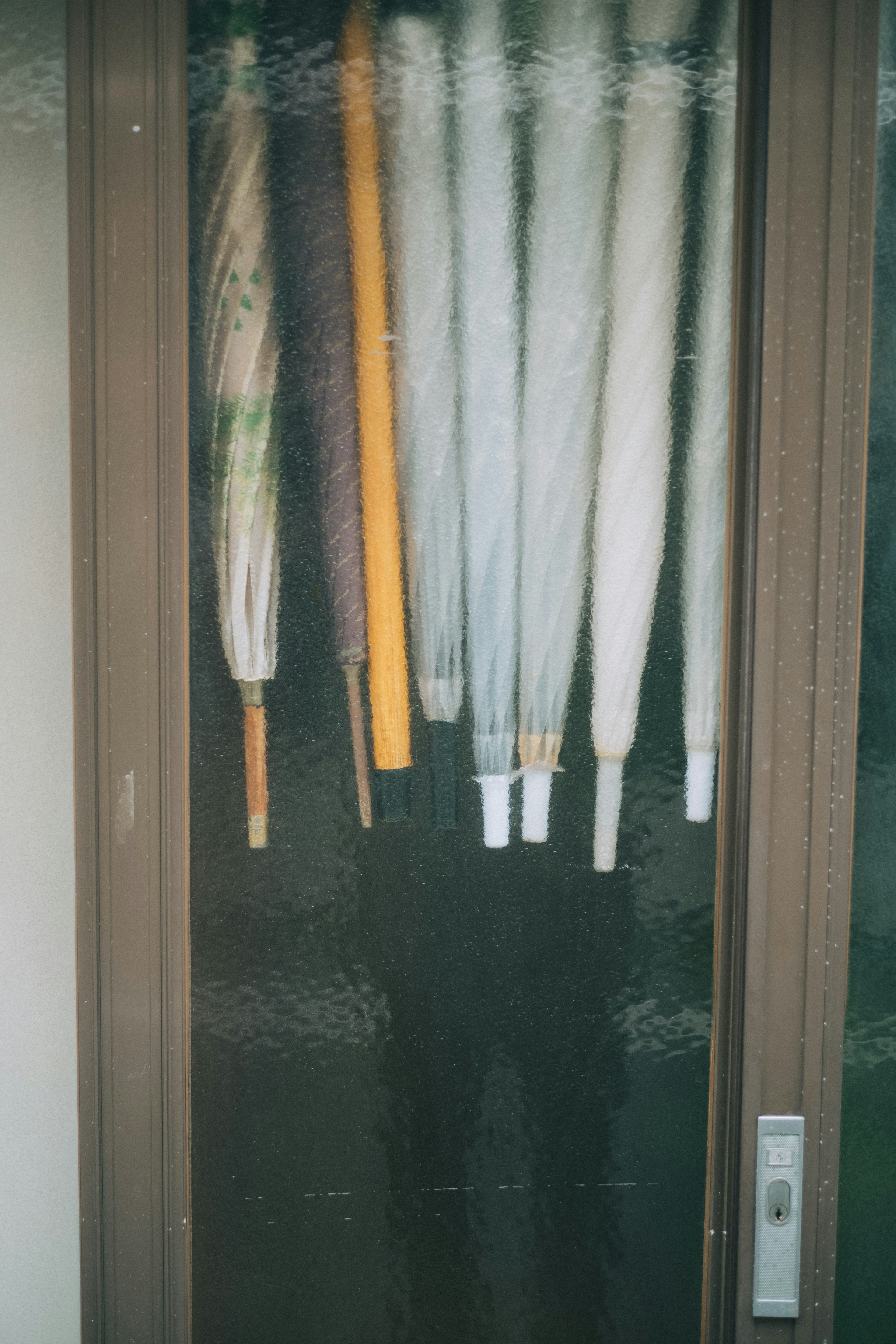 A collection of umbrellas hanging by a door with a glass panel