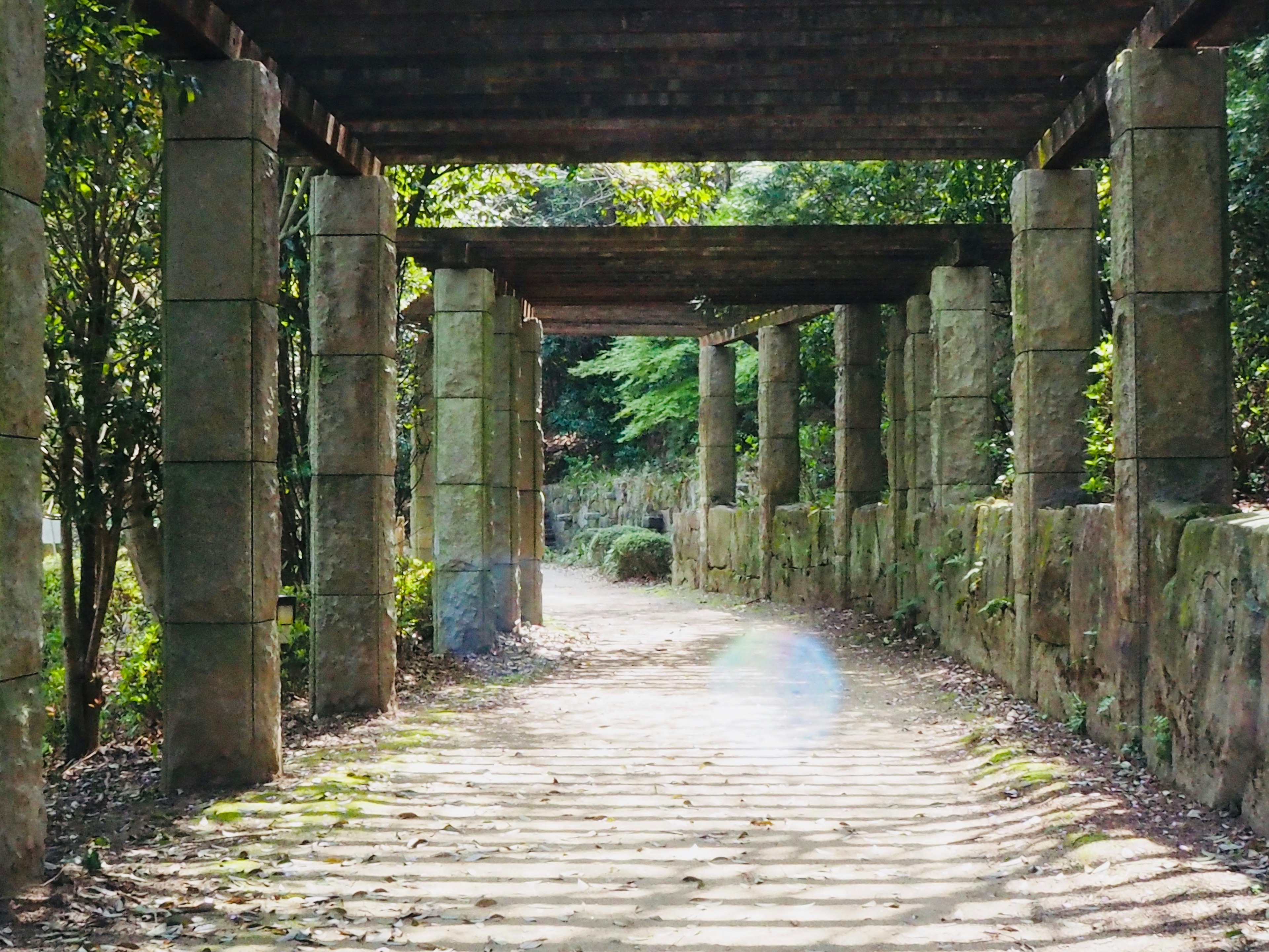 Chemin en arc entouré de verdure avec des colonnes en pierre