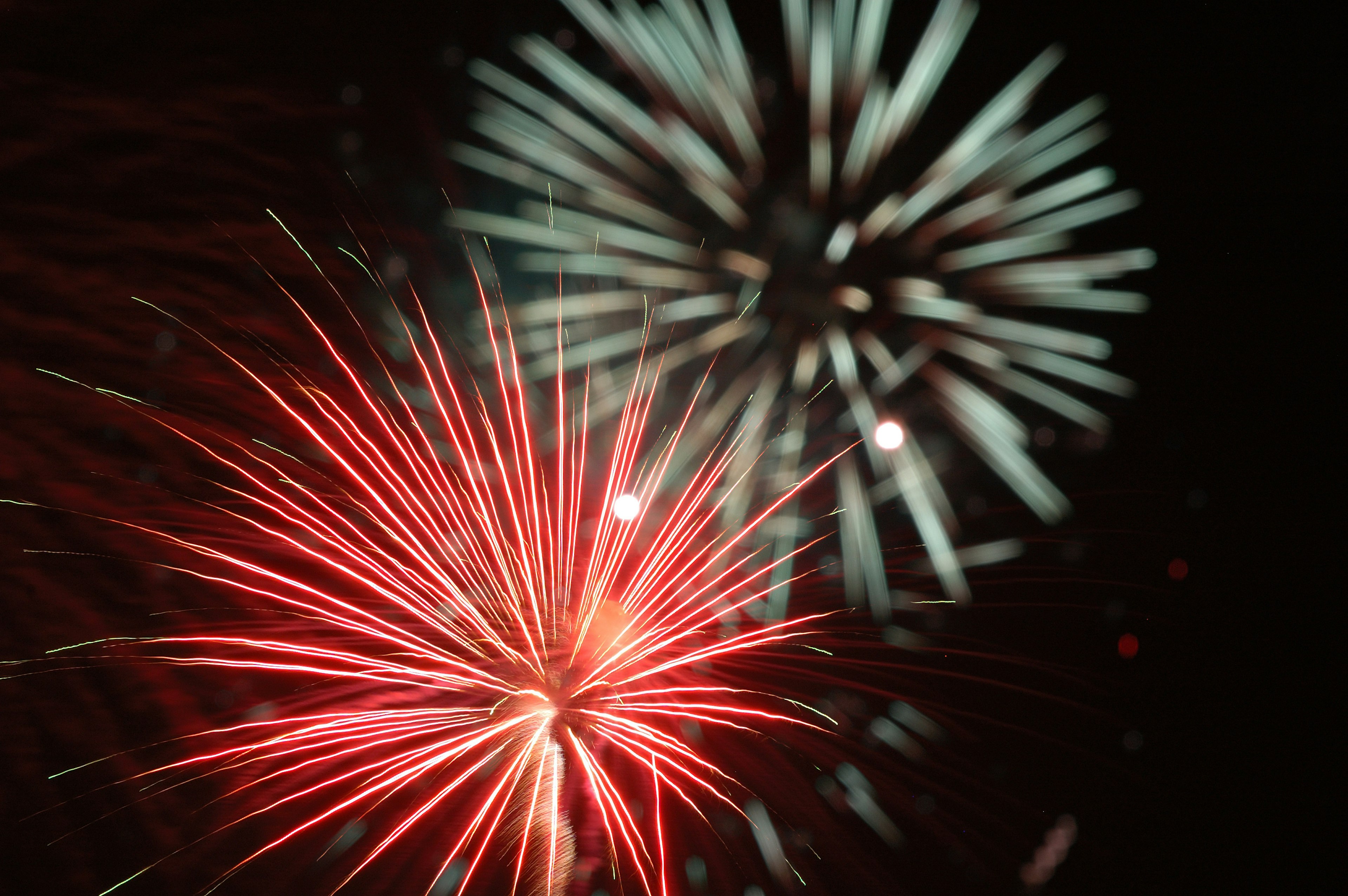 Hermosa explosión de fuegos artificiales rojos y azules en el cielo nocturno