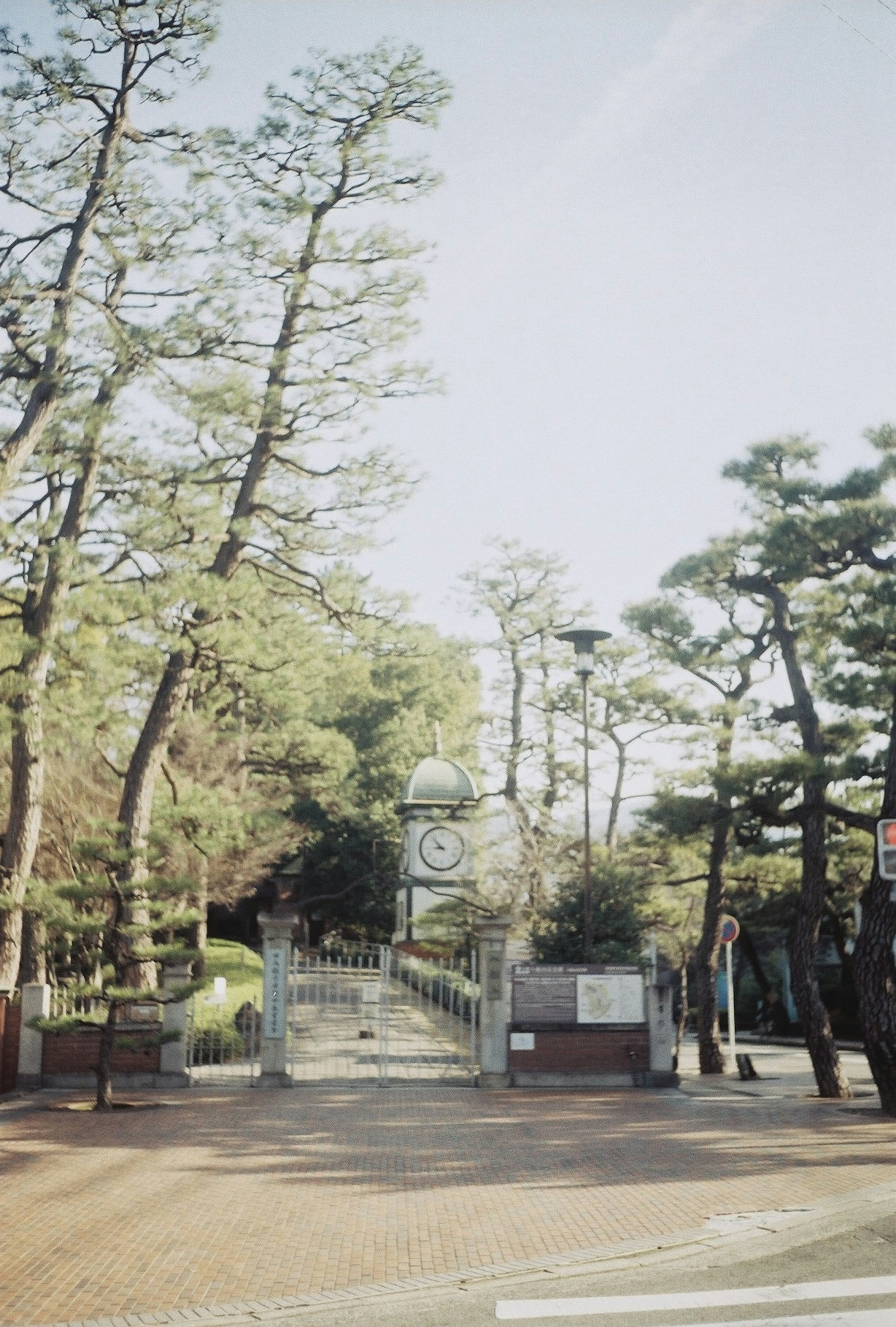 Entrance of a beautiful park featuring a clock tower and green trees