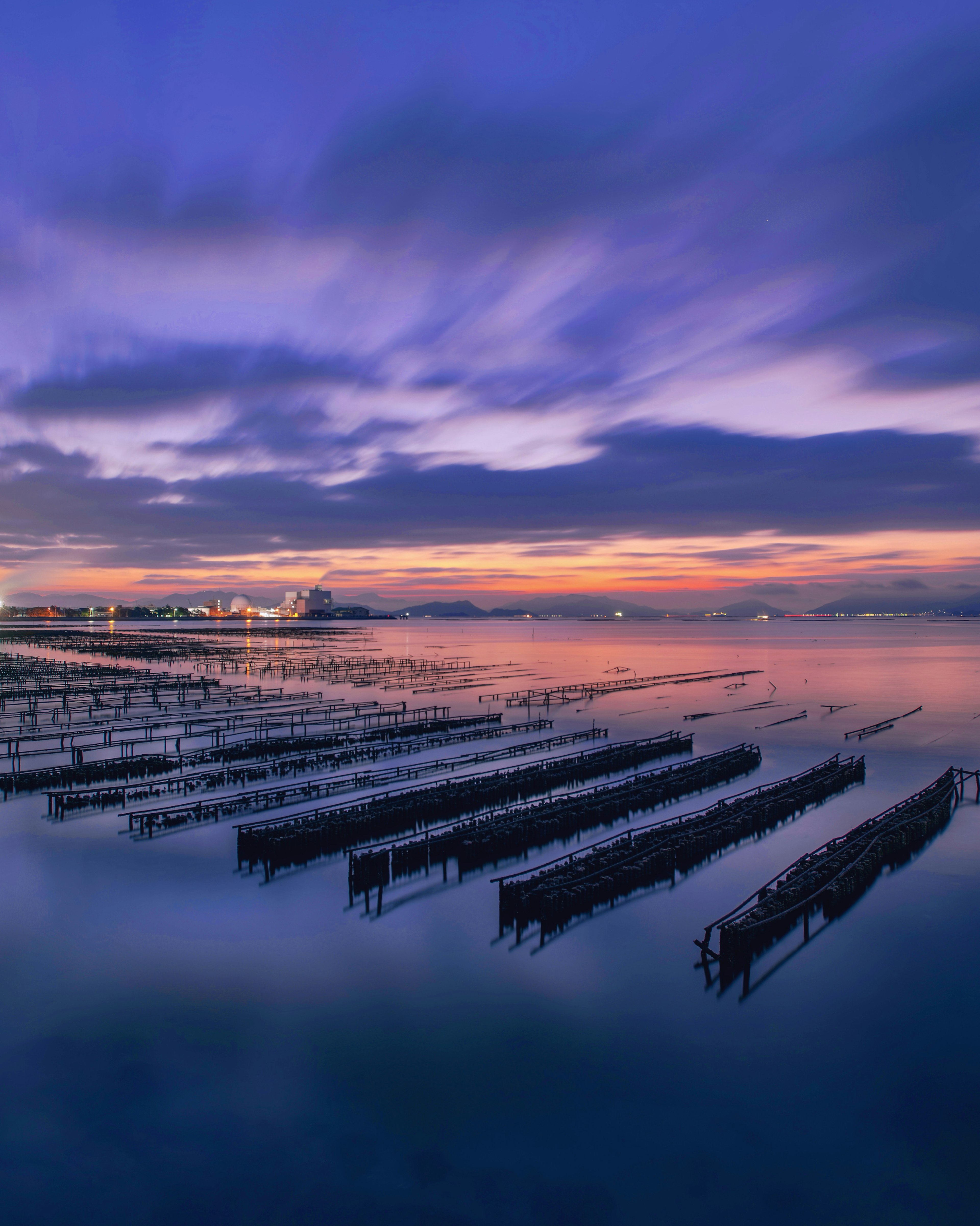 Tranquil water surface reflecting a purple sky and water fields