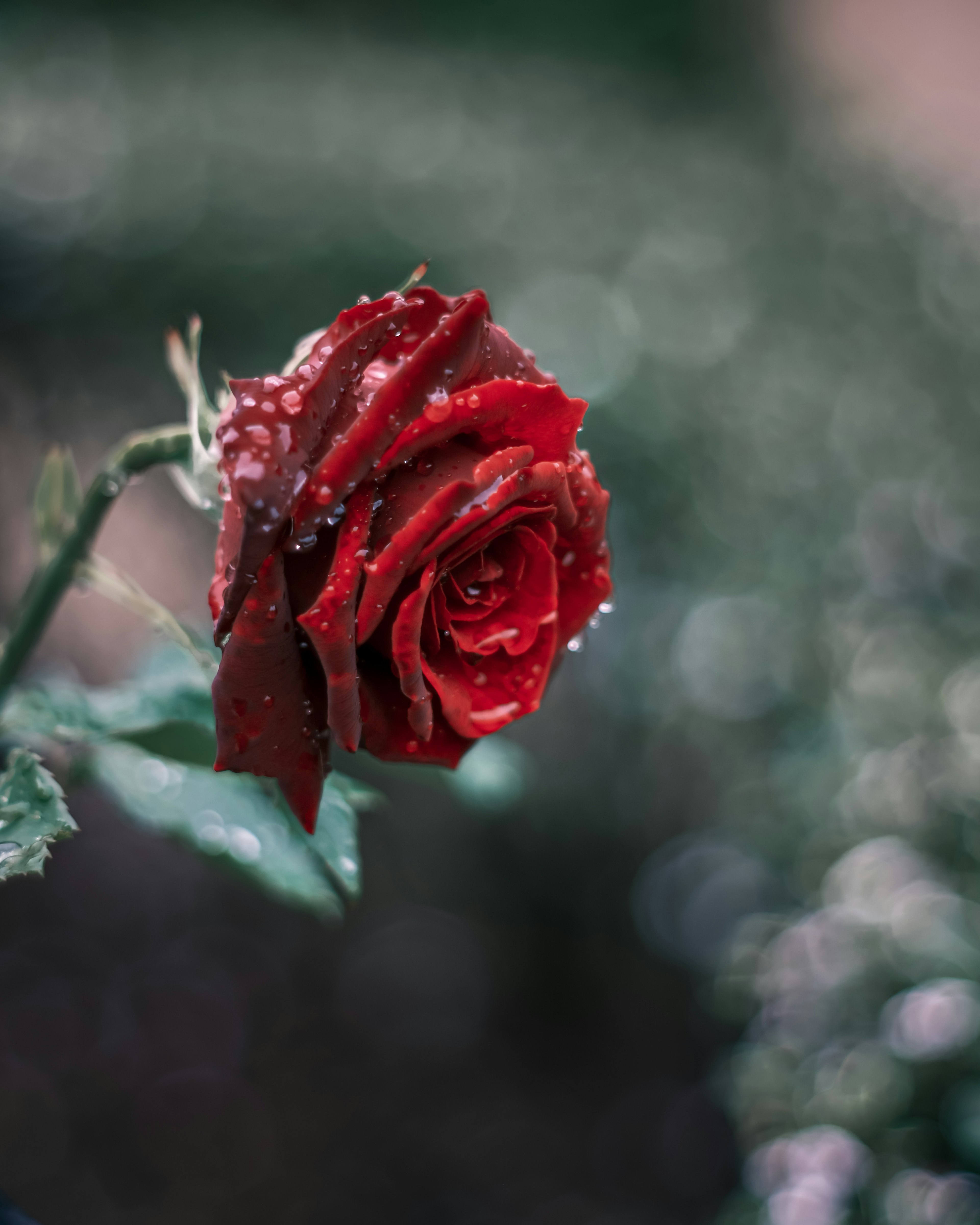 Una rosa roja con gotas de rocío destaca sobre un fondo verde