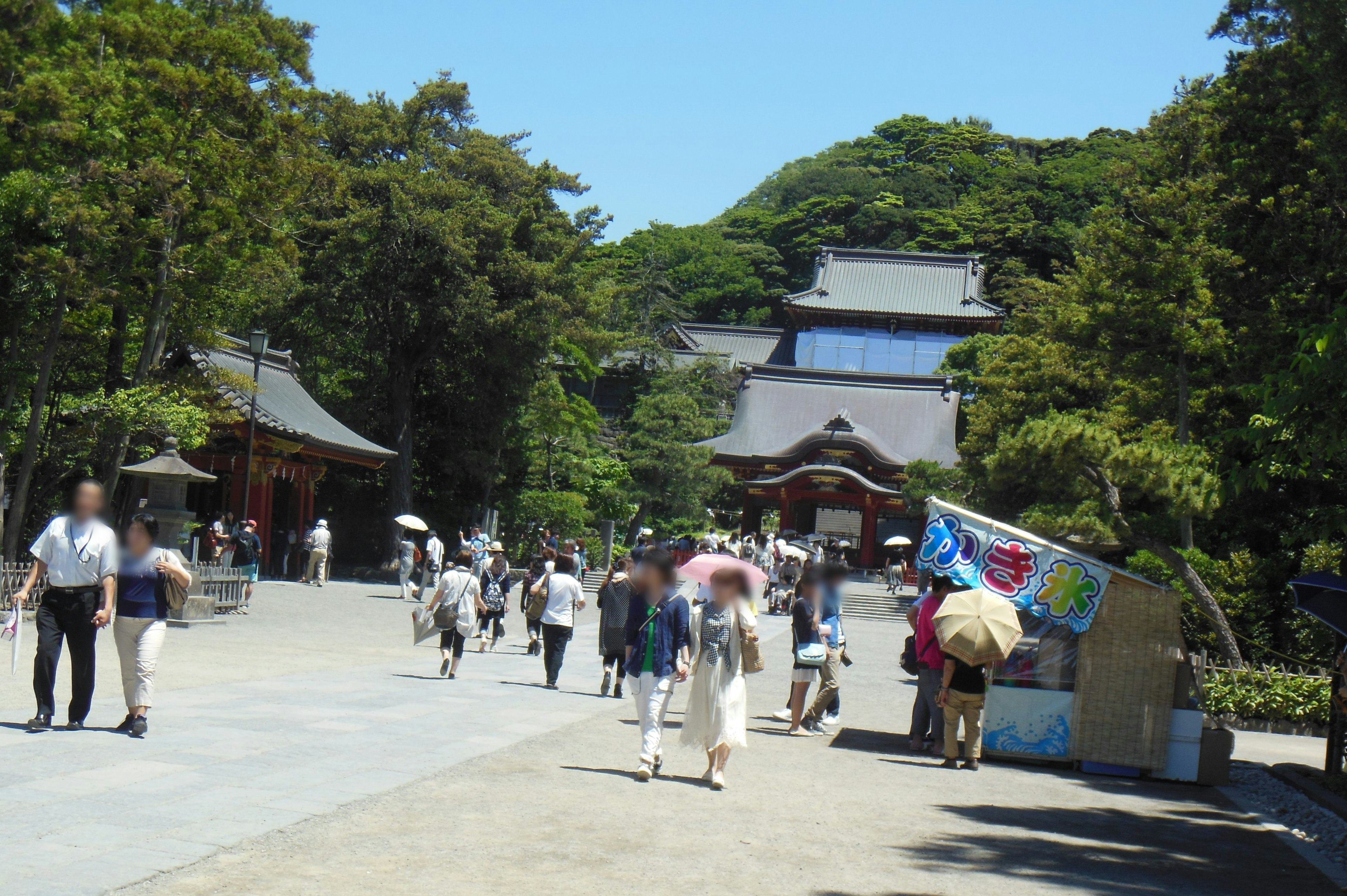 人們在郁郁蔥蔥的公園中散步，背景是傳統建築