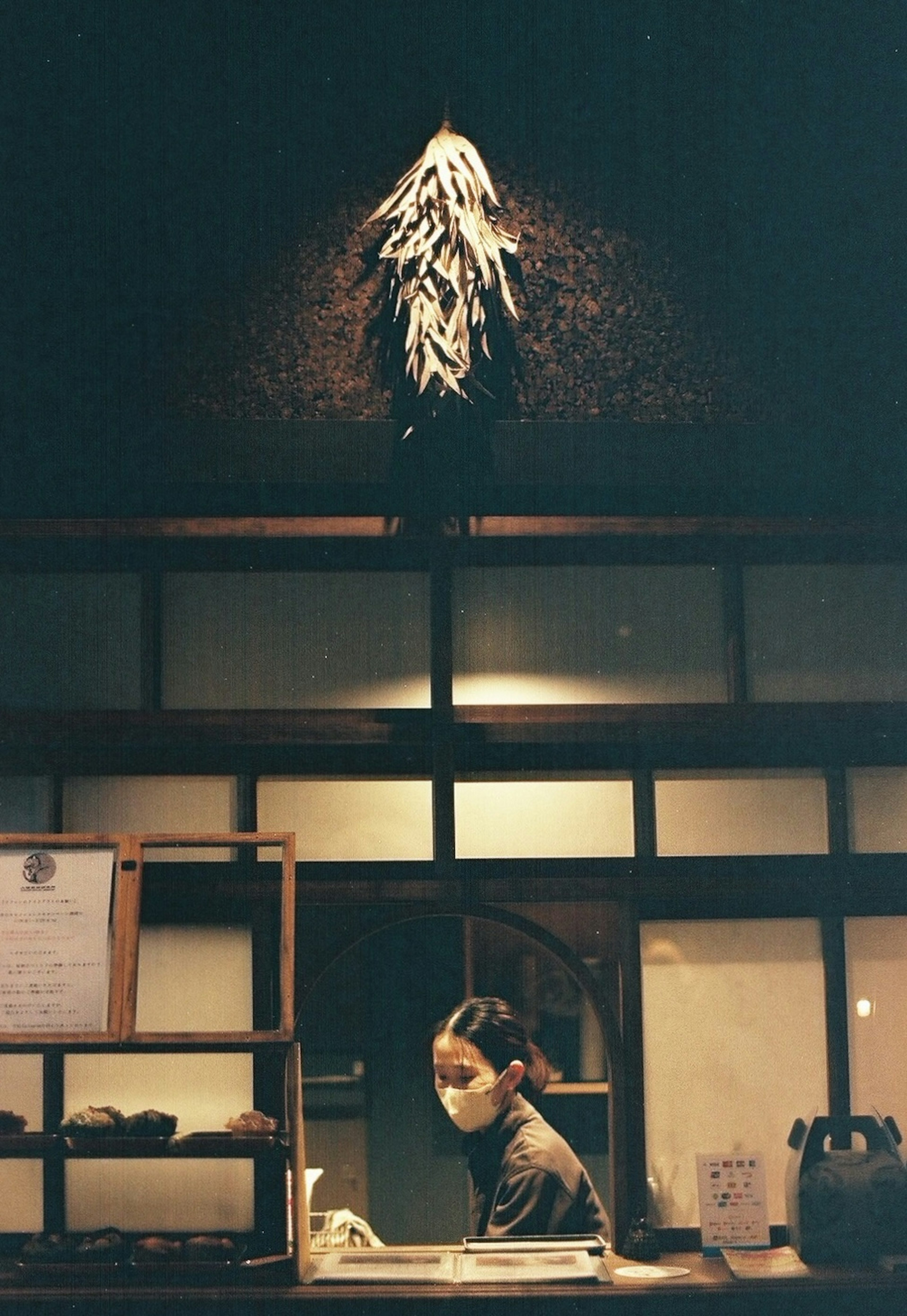 A woman working at a counter with hanging decor above