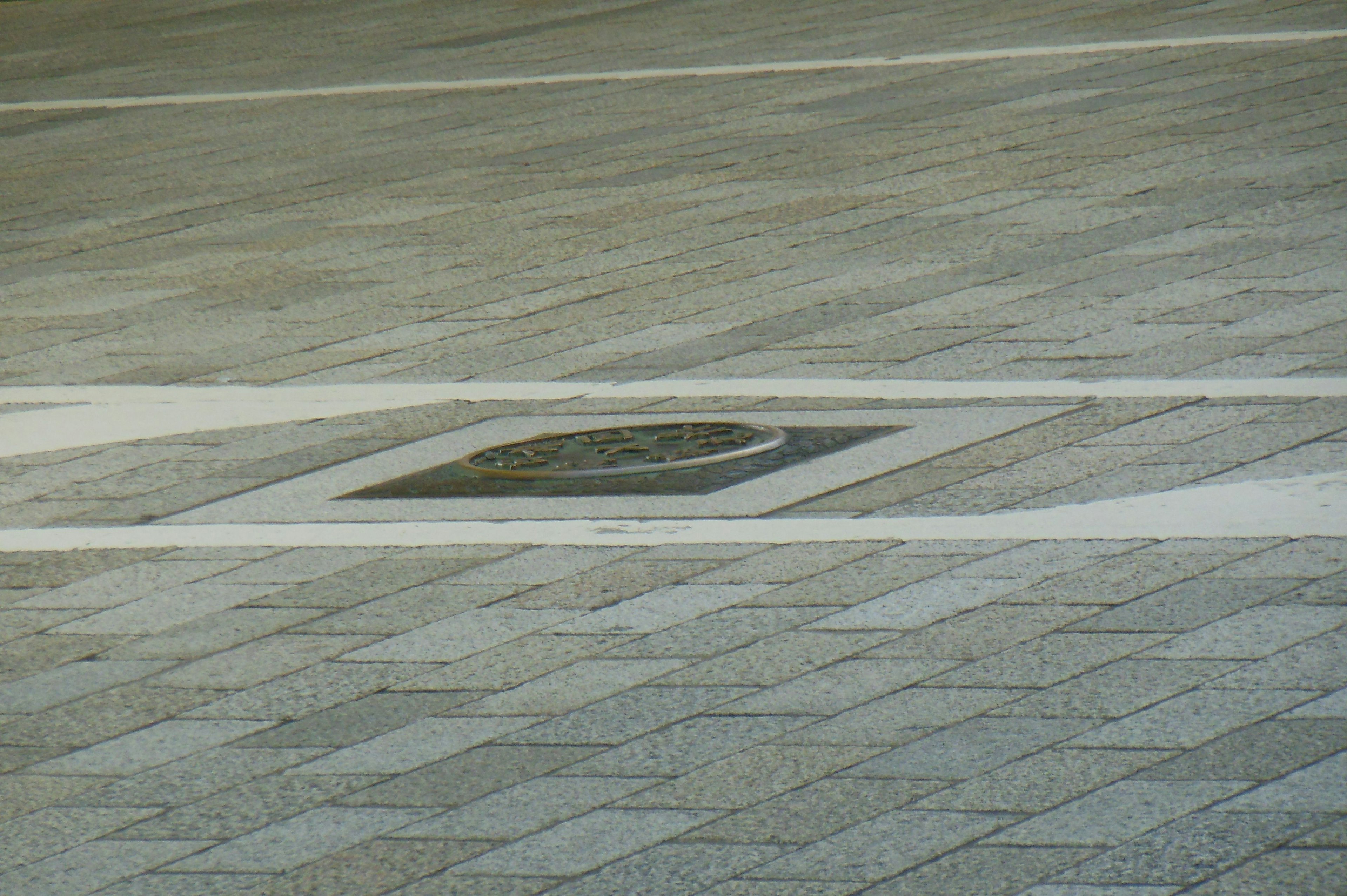 Square manhole cover on a paved surface with surrounding white lines