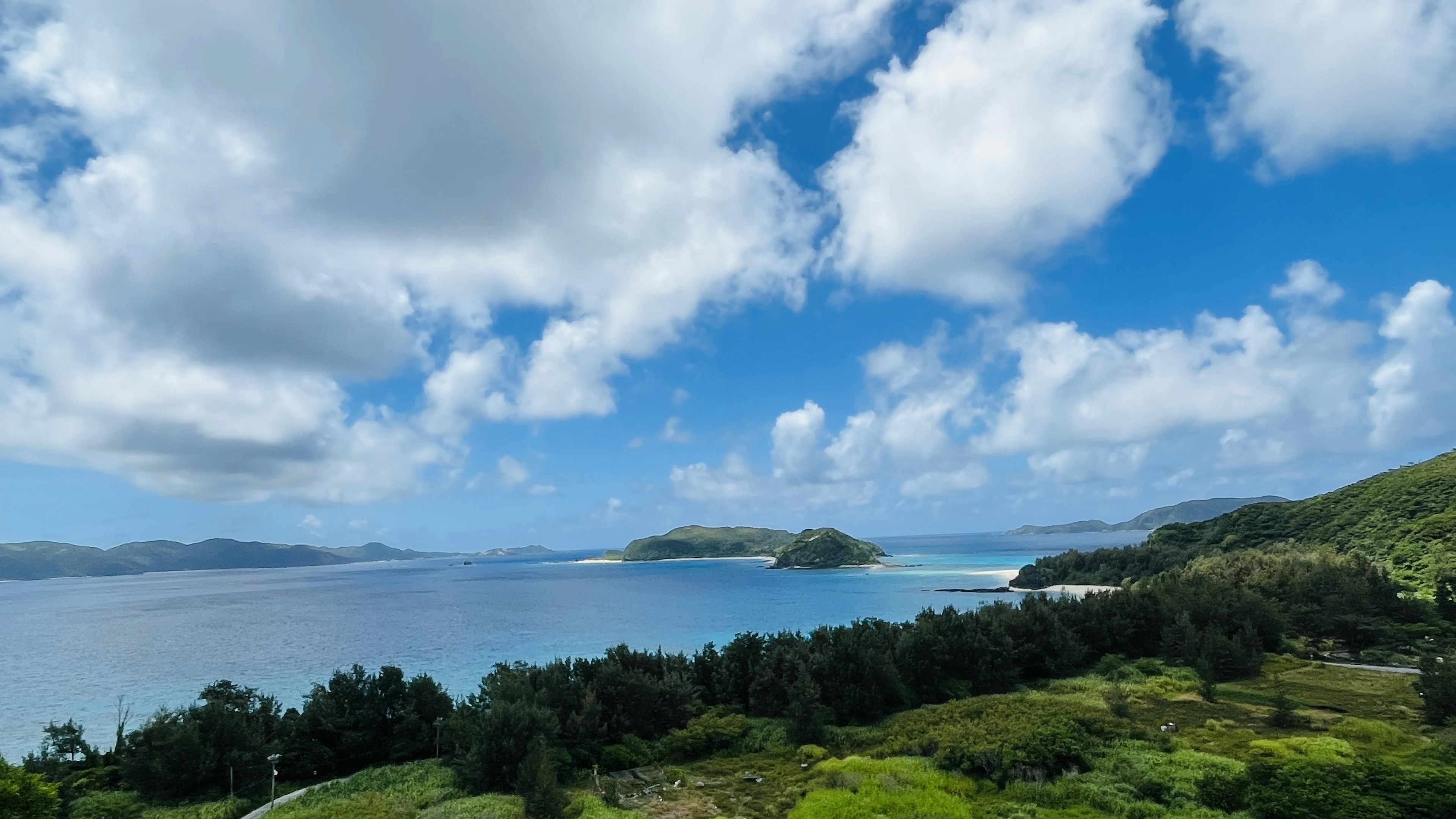 Lush green landscape with blue ocean and white clouds