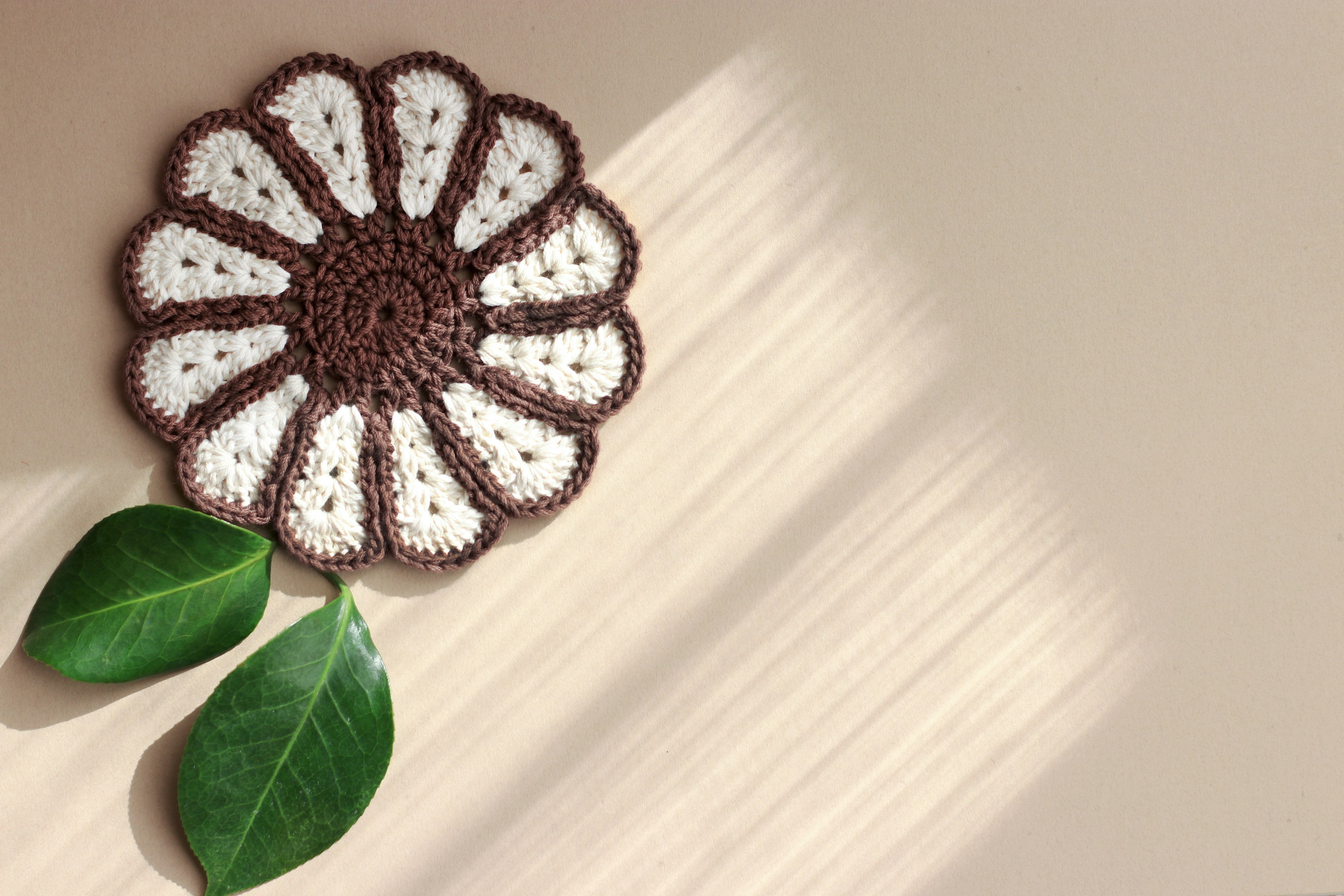 Brown and white crocheted flower and leaves on a beige background