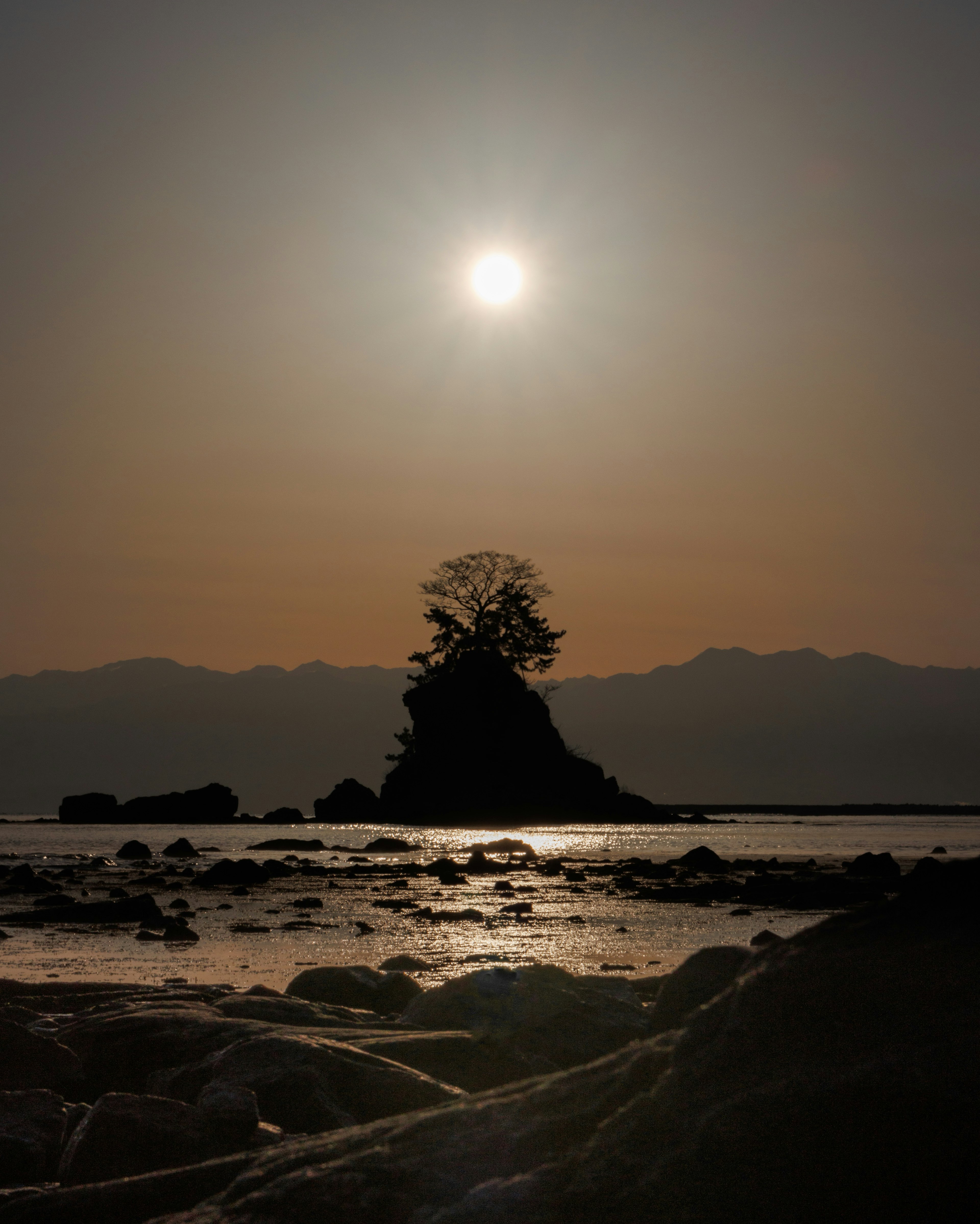 Silhouette eines einsamen Baumes auf einer kleinen Insel bei Sonnenuntergang über dem Ozean