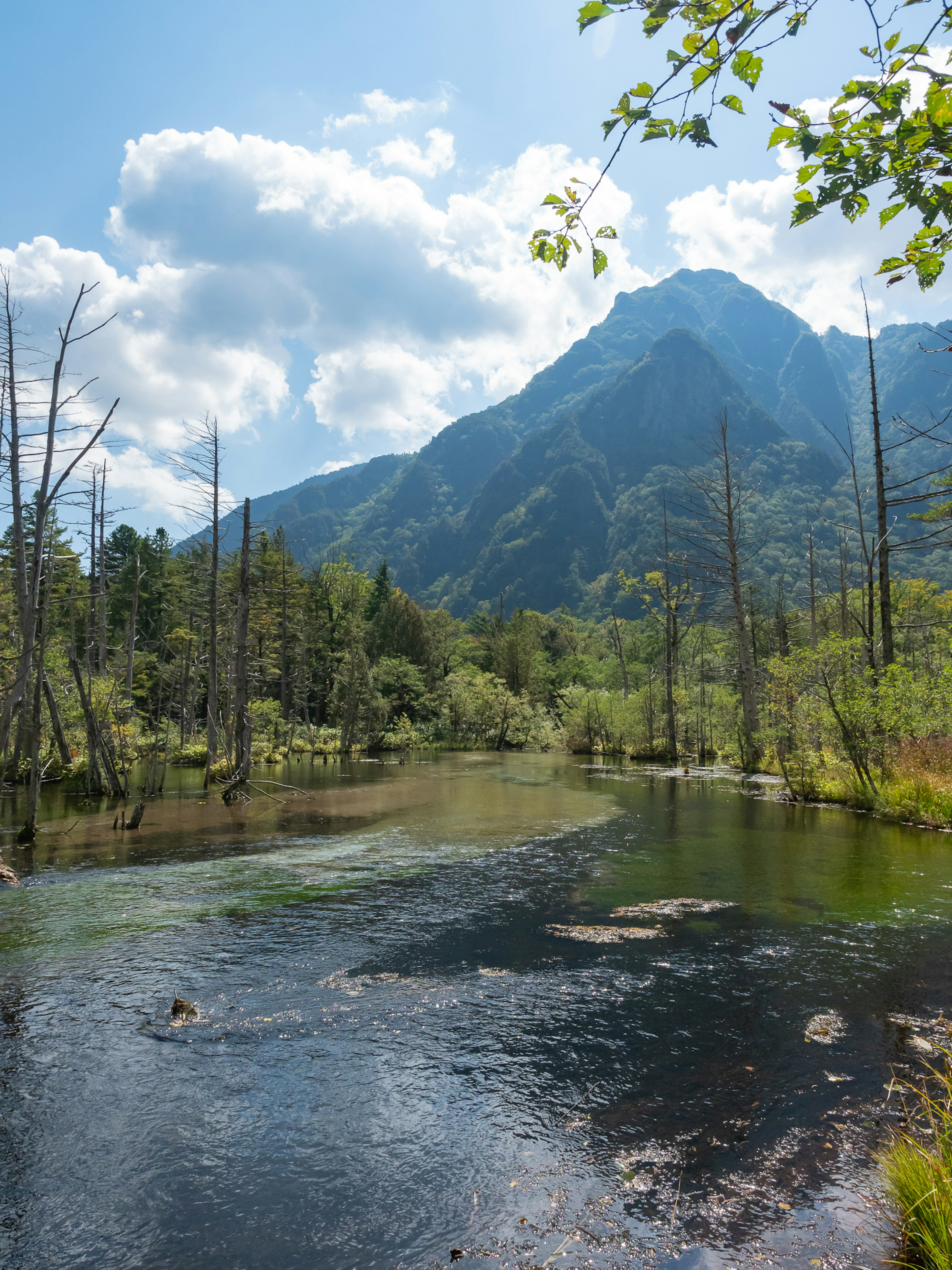 Pemandangan sungai yang tenang dengan gunung dan langit biru