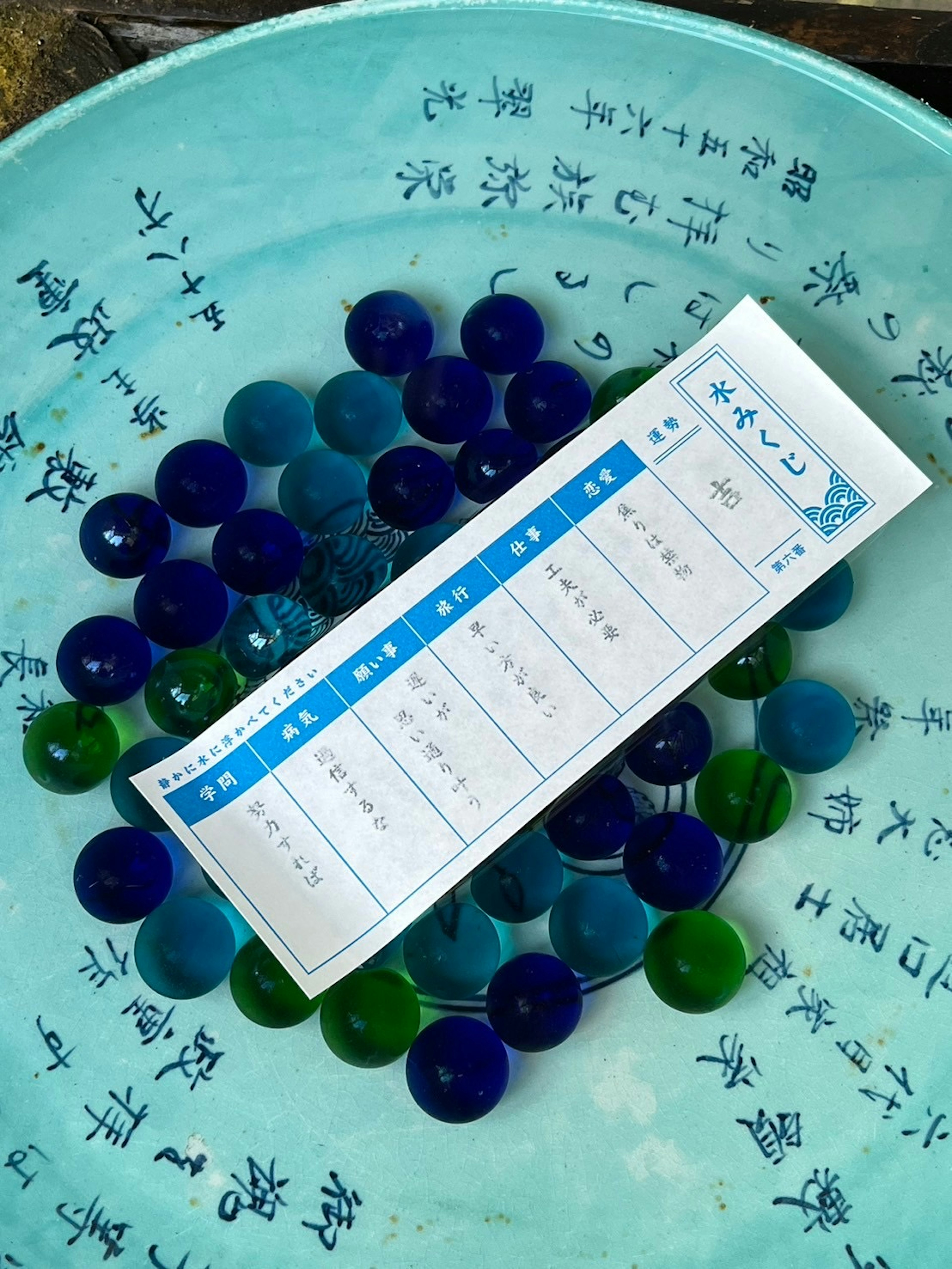 A plate filled with blue and green beads featuring a white information sheet