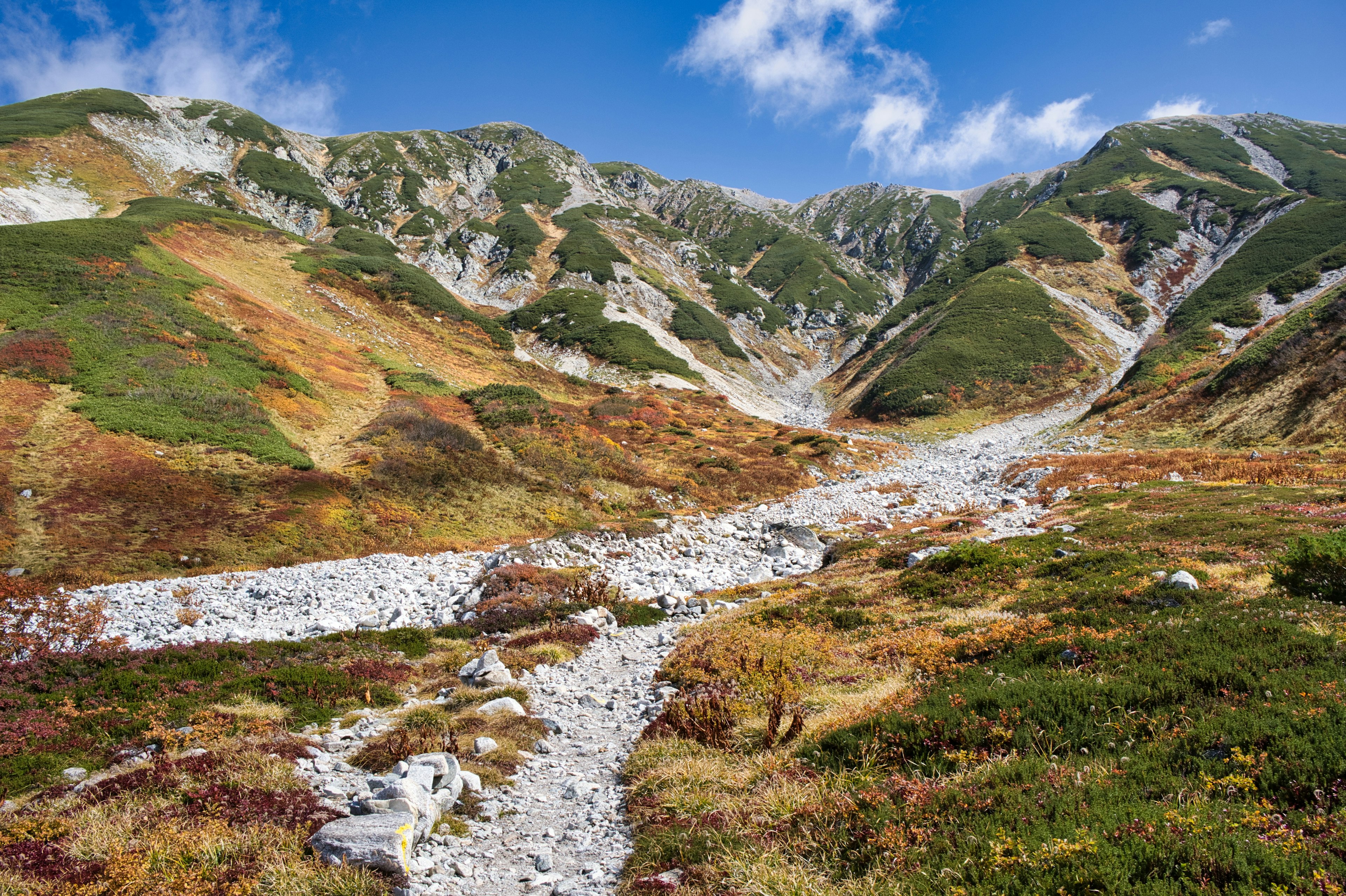 Scenic valley with green and brown mountains