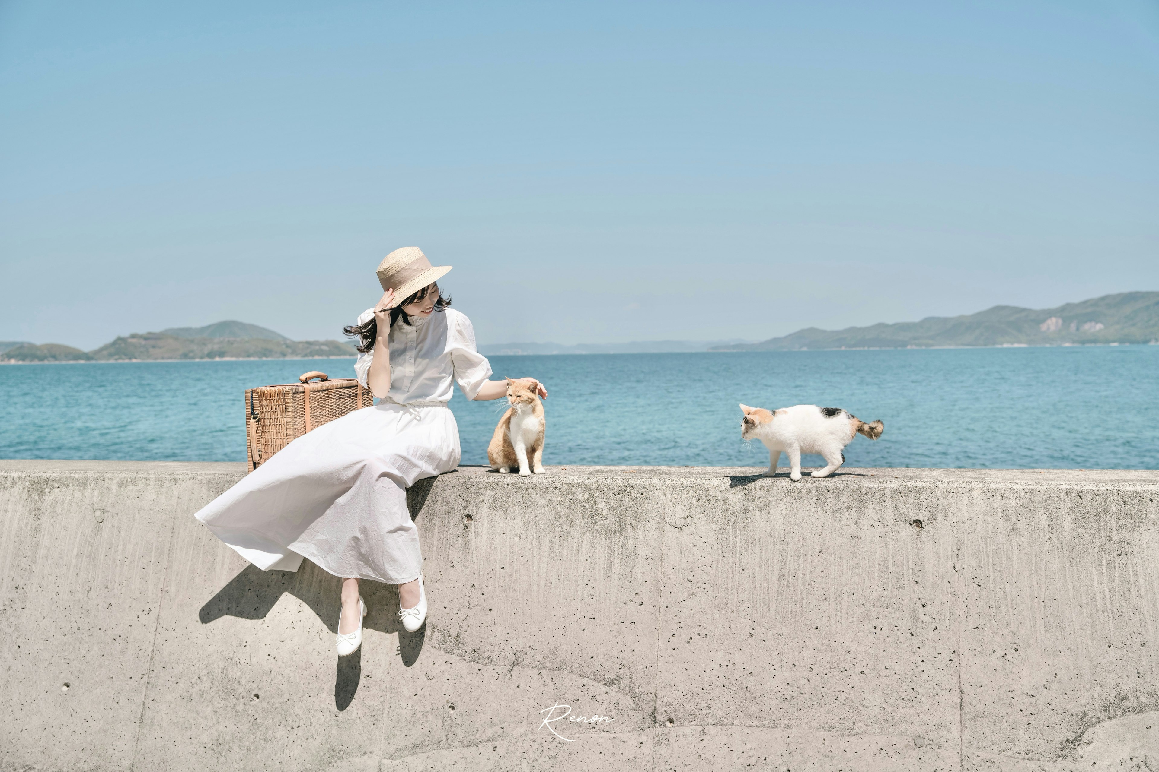 Mujer con vestido blanco y sombrero jugando con gatos junto al mar