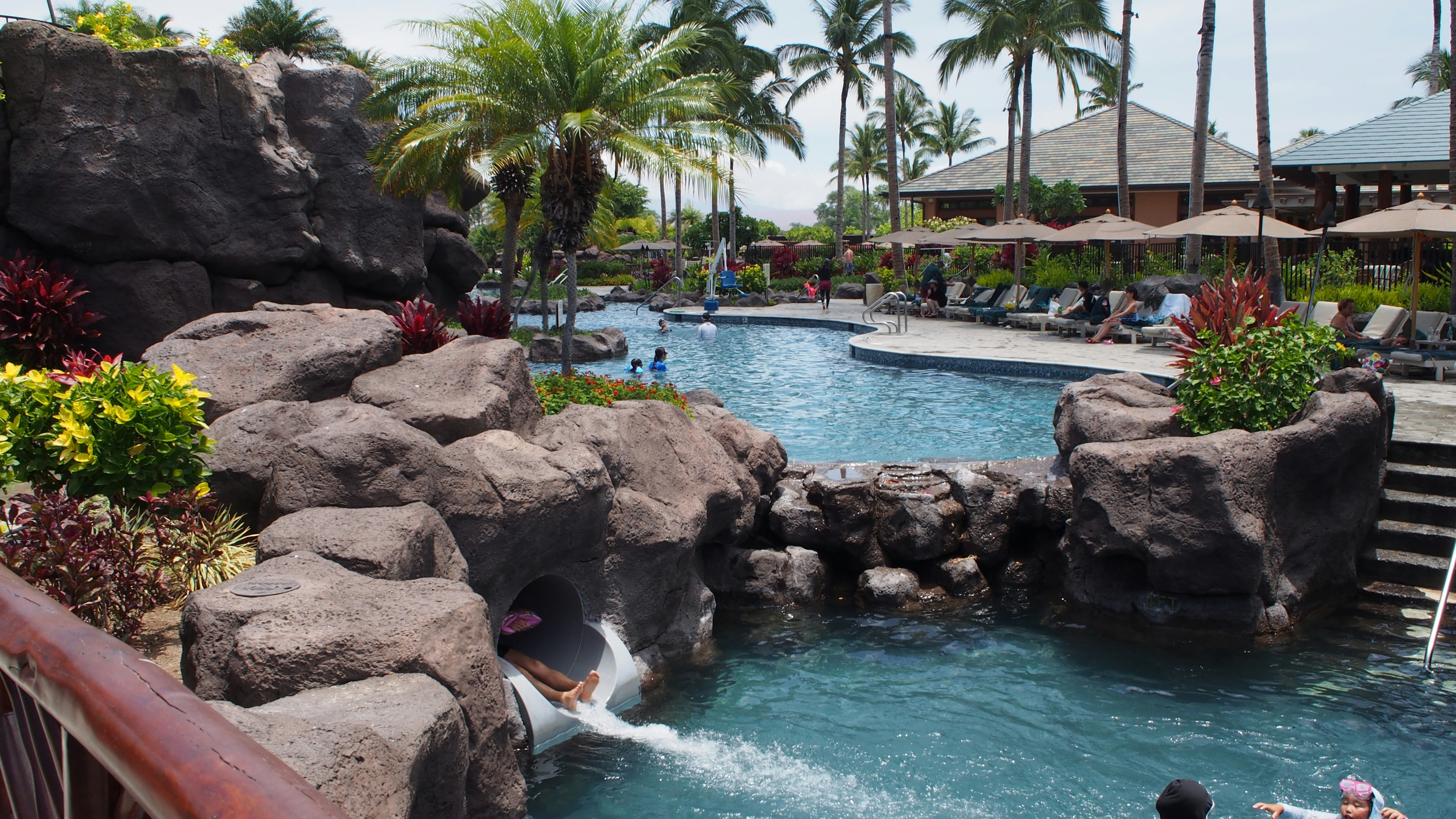 Resort pool area featuring rock formations and palm trees in a sunny, relaxing atmosphere