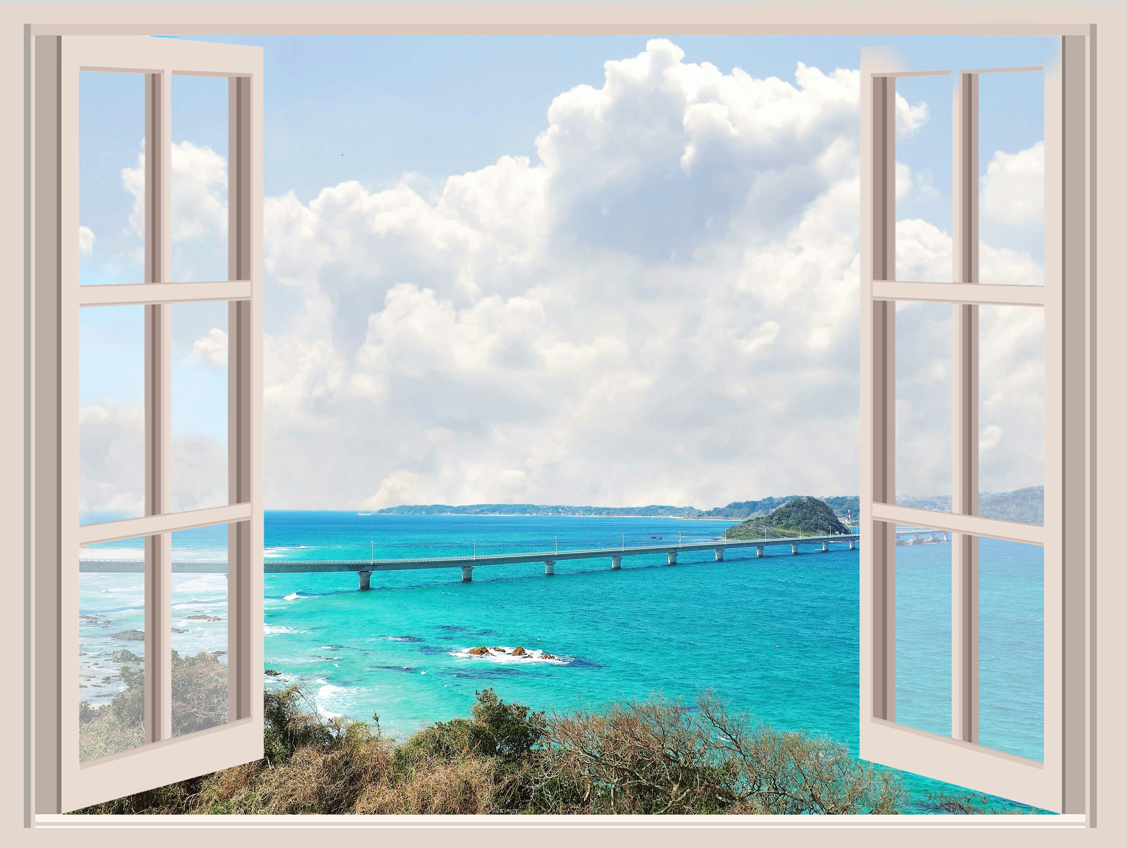 Malerscher Blick auf den blauen Ozean und Wolken durch ein offenes Fenster