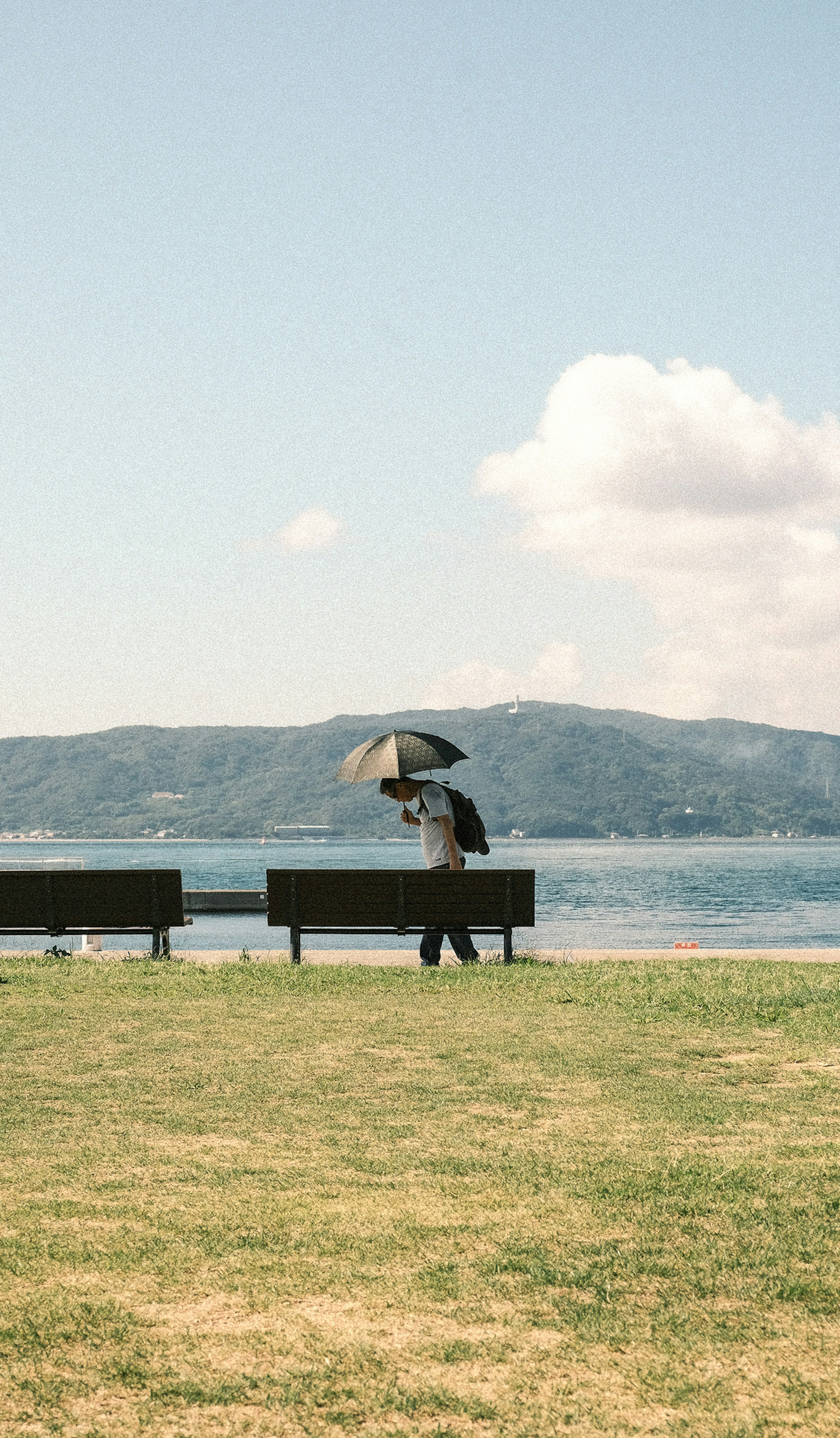 Person walking with an umbrella near a lake and a bench